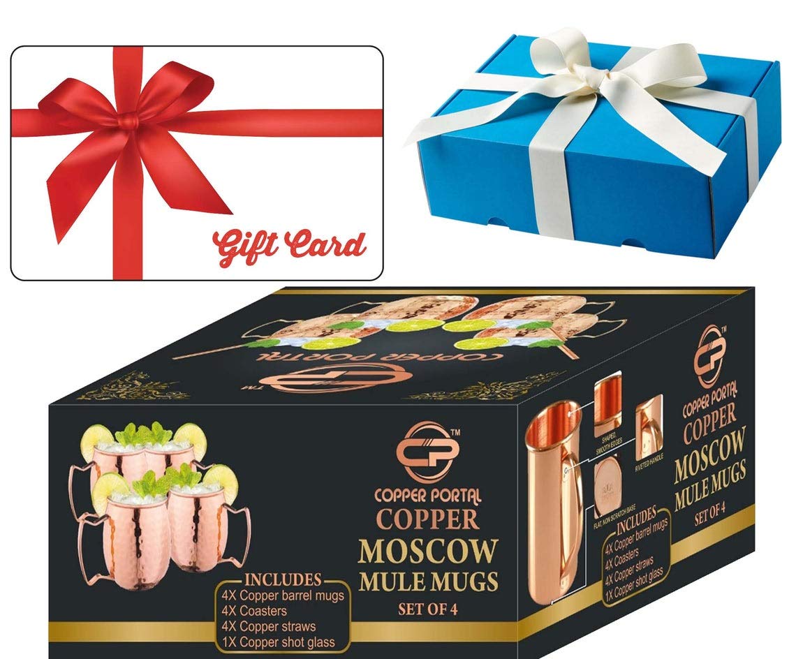 Premium 4-Piece Copper Moscow Mule Mug Set - Authentic Indian Hammered Design, 100% Food-Safe Pure Copper Cups with 4 Cocktail Straws & Stirring Spoon - Perfect for Cocktails, Gifts & Home Bar Decor