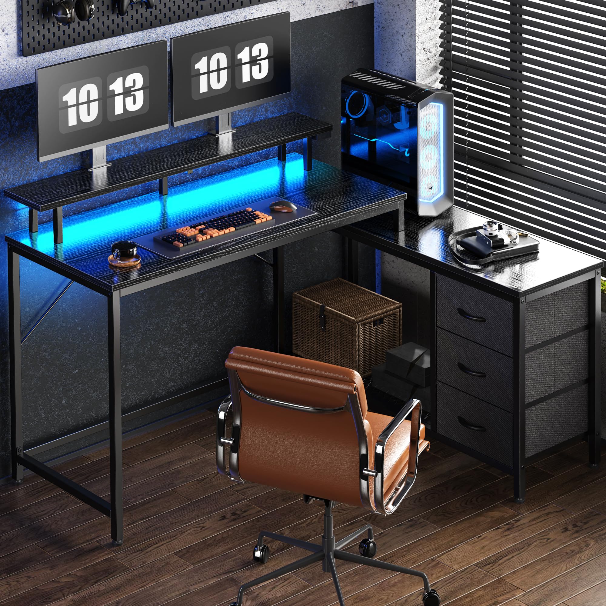 Huuger Reversible L-Shaped Computer Desk with Drawers & LED Lights - Gaming Desk with Power Outlets & Storage Shelves - Ergonomic Home Office Desk for Work & Study (Black) - Perfect for Small Spaces & Multi-Monitor Setups