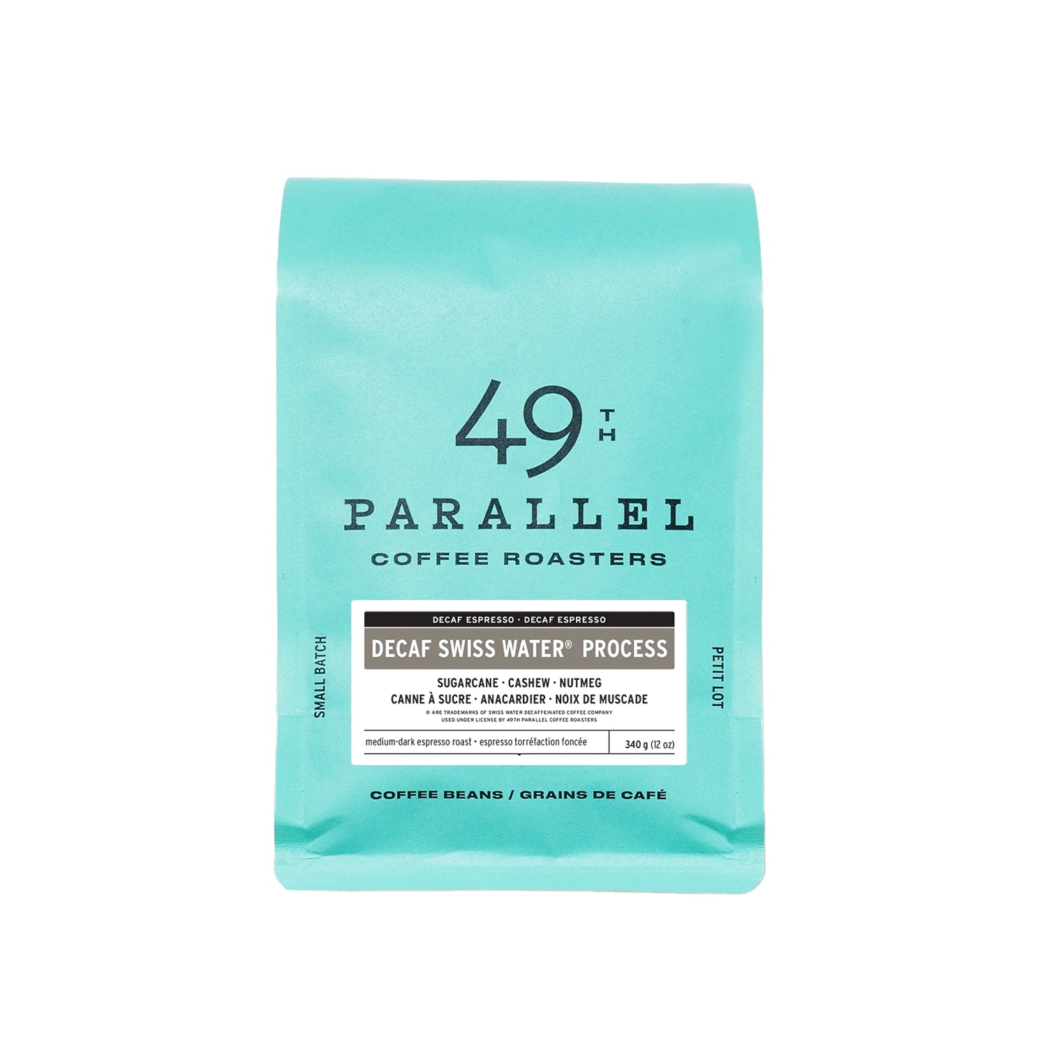 49th Parallel Swiss Water Process Decaf Whole Bean Espresso Coffee, 340g - Rich Flavor for Home Brewing & Cafes, Perfect for Espresso Machines & French Press