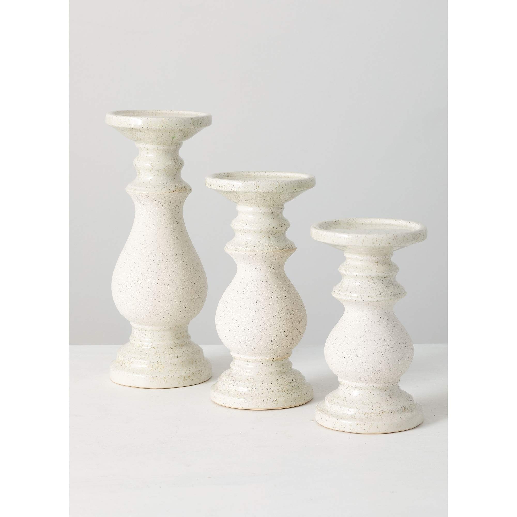 White Ceramic Pillar Candle Holders Set of 3 - 4.75x4.75x12in, 4.75x4.75x9.75in & 4.75x4.75x8in for Home Decor, Wedding Centerpieces & Tabletop Displays