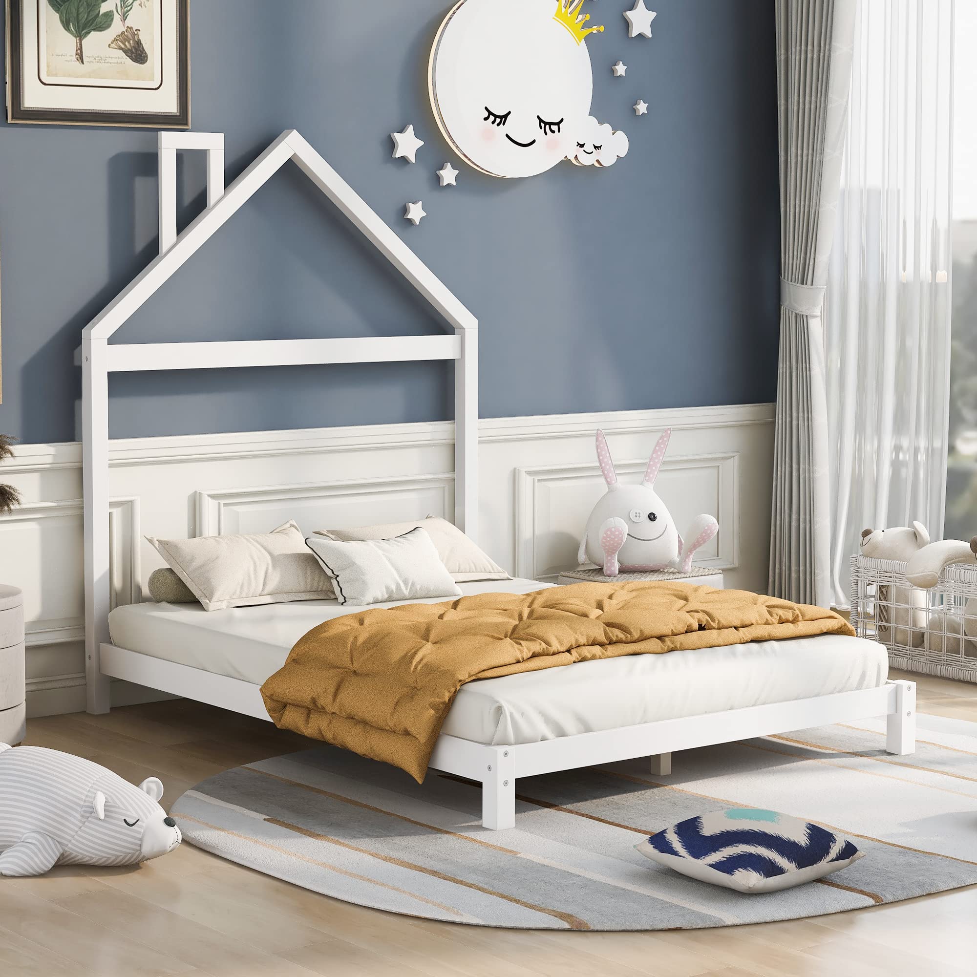 Merax Full Size Platform Bed Frame with House-Shaped Headboard - Sturdy Wooden Bed Base, No Box Spring Needed - Perfect for Kids Rooms, Guest Bedrooms & Cozy Home Decor (White)