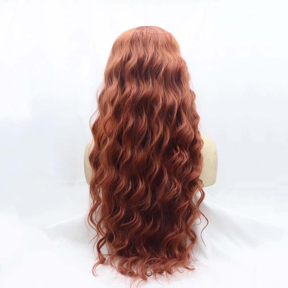 350# Color Copper Red Synthetic Lace Front Wig for Women - Heat Resistant Brown Red Loose Wave Human Hair Wig with 1x4 Lace, Middle Part, 24 Inch - Perfect for Cosplay, Halloween, Daily Wear & Special Occasions