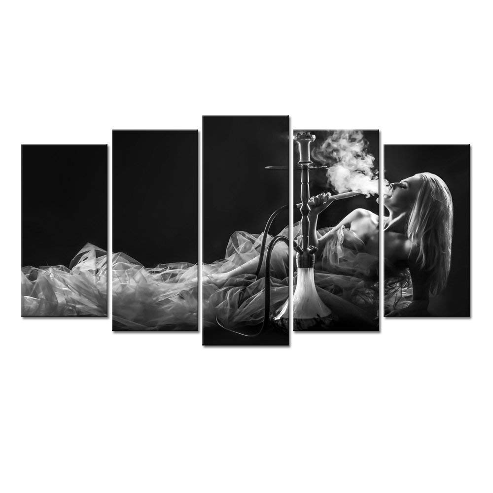 LevvArts - Large Black and White Canvas Print of a Beautiful Woman Smoking Hookah - Framed Wall Art for Bedroom & Hotel Decor - Ready to Hang - Perfect for Boho, Vintage & Modern Interior Design