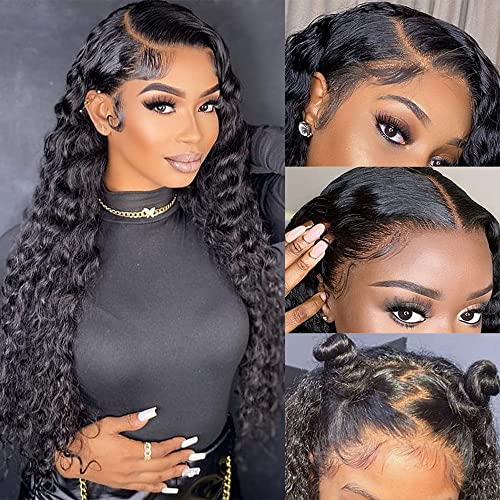 13x4 Glueless HD Lace Frontal Wig - 180% Density Unprocessed Brazilian Virgin Human Hair | Deep Wave Lace Front Wigs with Pre-Plucked Hairline & Baby Hair | Wet Wavy Curly Natural Color 24 Inch | Perfect for Daily Wear, Parties & Special Occasions