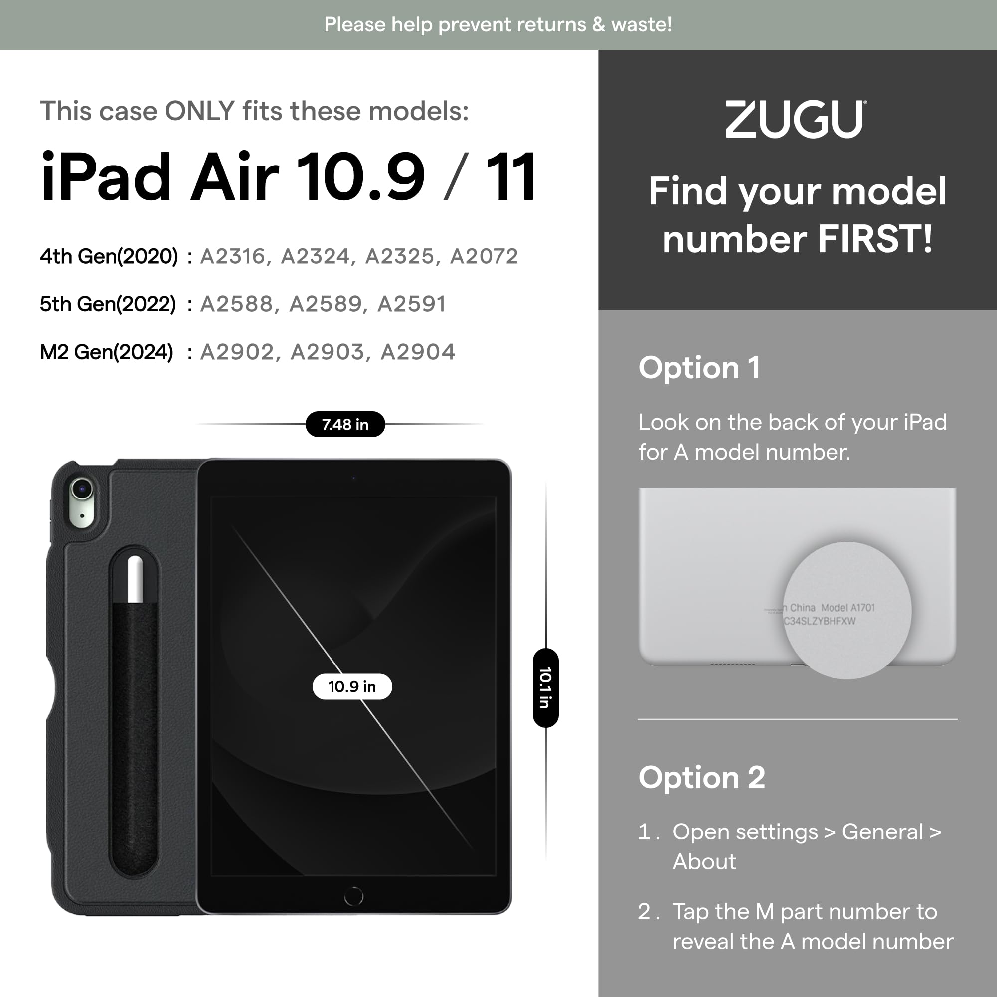 ZUGU Ultra Thin Protective Case for iPad Air 11 (M3 2025 / M2 2024) & iPad Air 4/5 10.9 Inch (2020/2022) - Magnetic Stand Cover with Apple Pencil Charging & Storage - Black | Perfect for Work, Travel & Home Use