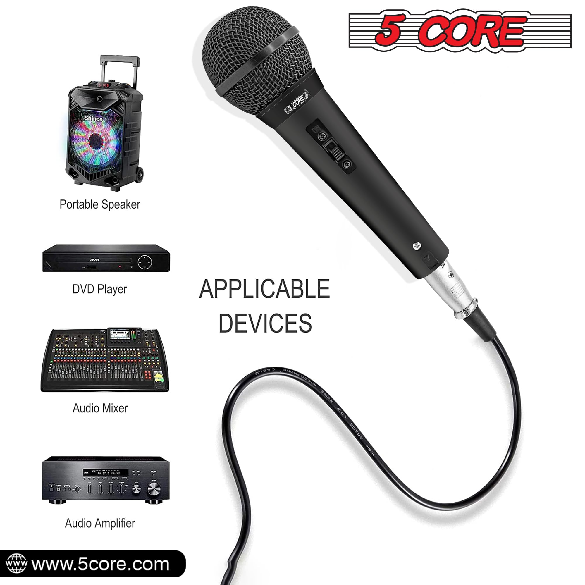 5 CORE Dynamic Vocal Microphone - Cardioid Unidirectional Handheld Mic with On/Off Switch & XLR Cable (PM 101 BLK) for Singing, Karaoke, Live Performances & Studio Recording