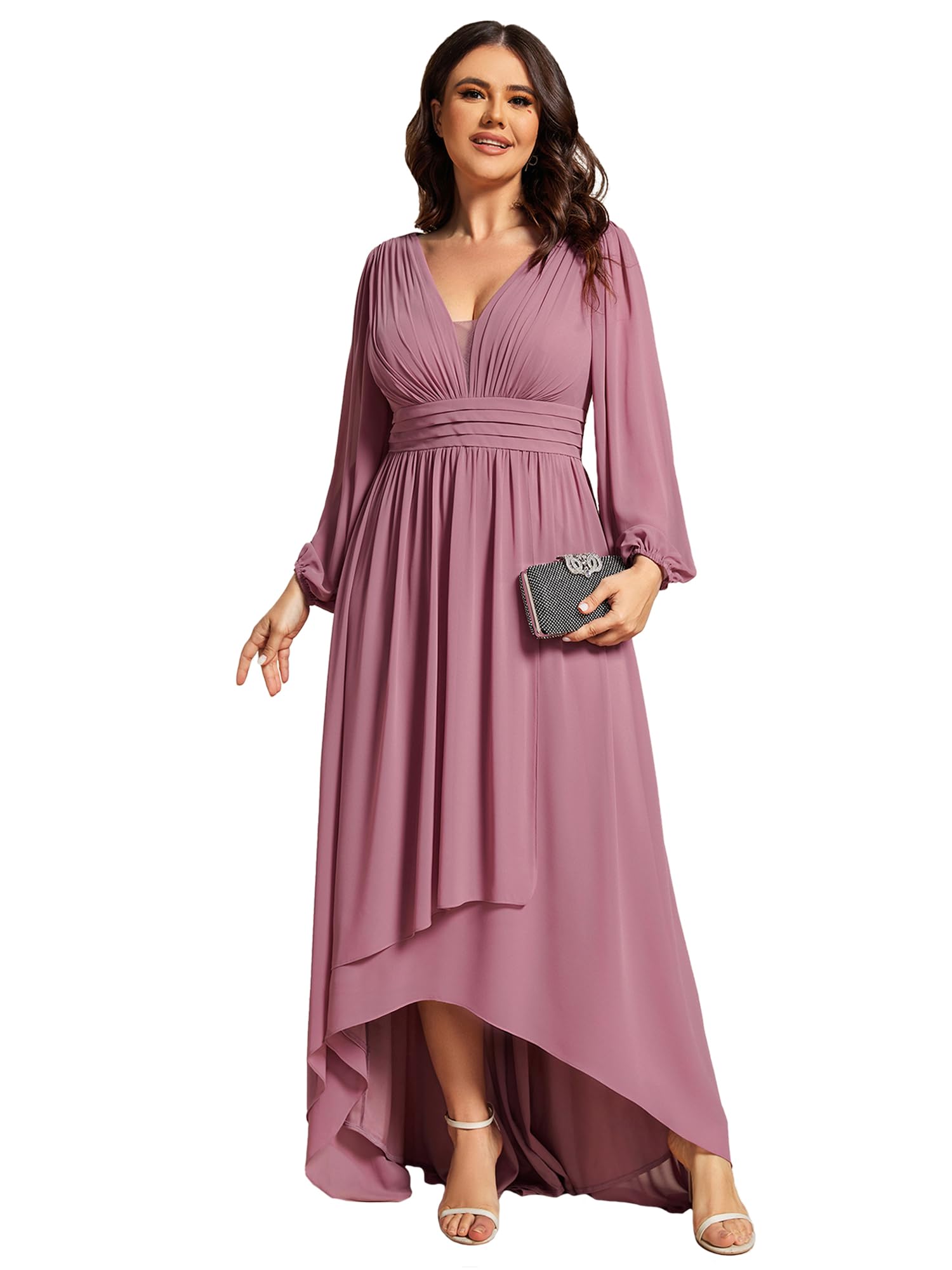 Ever-Pretty Plus Size Women's V-Neck Lantern Sleeve Pleated A-Line High-Low Wedding Guest Dress 02043-DA | Elegant Formal Occasion & Special Event Party Wear