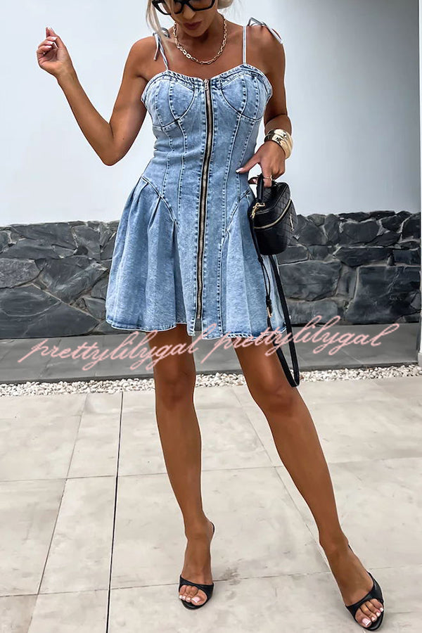 Sweet and Unique Washed Denim Stretch Mini Dress with Center Front Zipper - Perfect for Casual Outings, Date Nights & Summer Parties