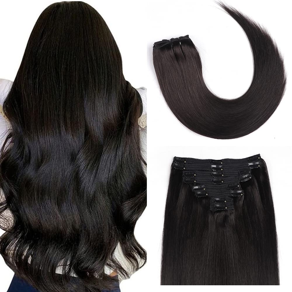 Clip in Hair Extensions 16 Inch Human Hair - 8pcs 120g Remy Real Hair Straight Natural Black (1B) for Volume & Length - Perfect for Parties, Weddings & Everyday Styling