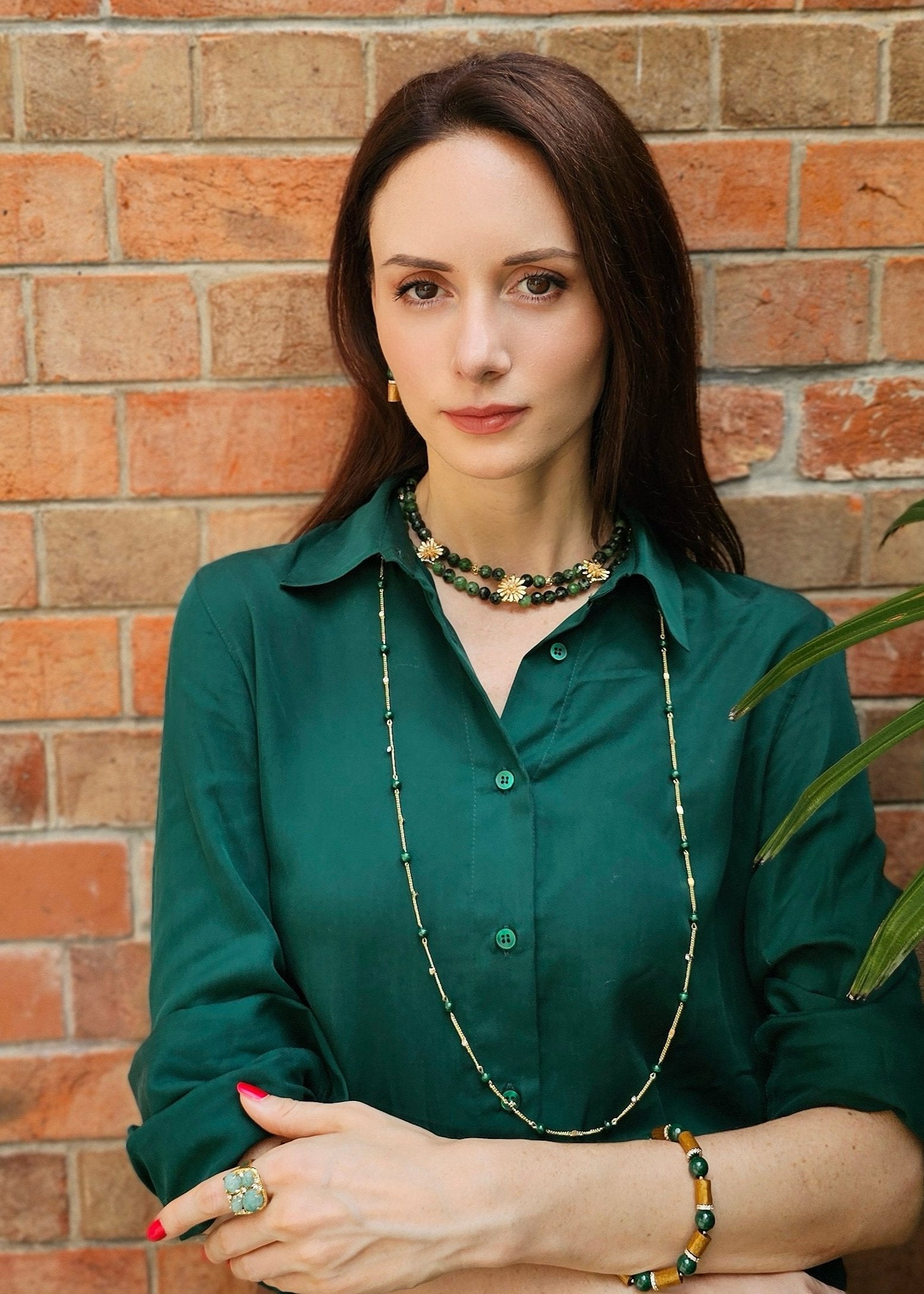 Elegant Green Gemstone Daisy Flower Statement Necklace NN039 - Perfect for Boho Chic Outfits & Summer Fashion Accessories