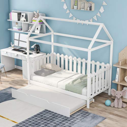 Twin Size Wooden House Bed with Trundle - Fence-Shaped Guardrail & Slatted Support Frame - No Box Spring Needed (White) - Perfect for Kids' Bedroom, Guest Room or Small Space Nursery