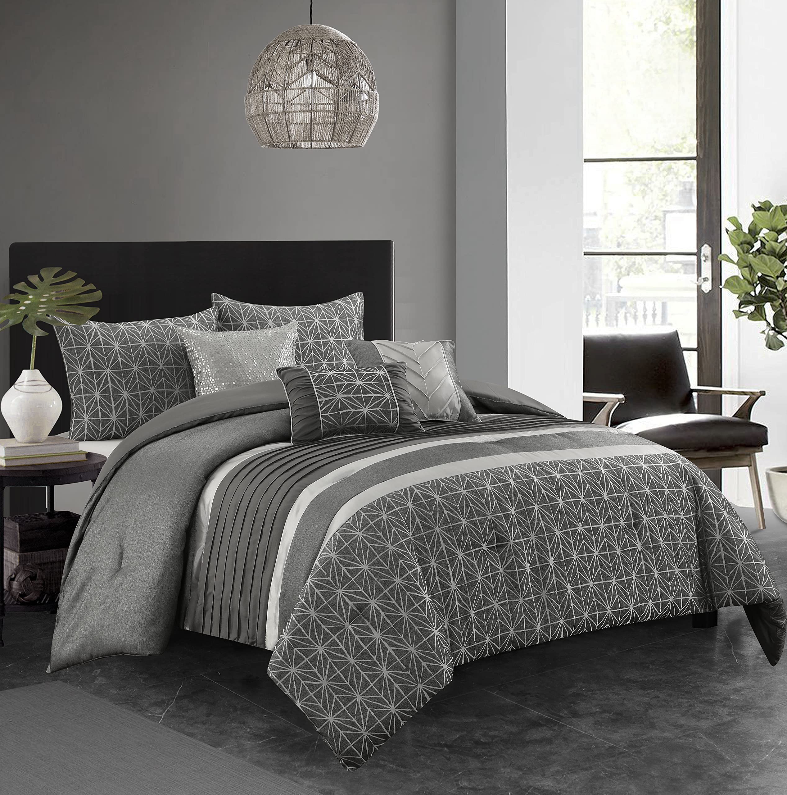 Stratford Park Geometric 6-Piece King Size Comforter Set for Men - Modern Grey Bedding Collection | Perfect for Master Bedroom, Guest Room & Dorm Decor