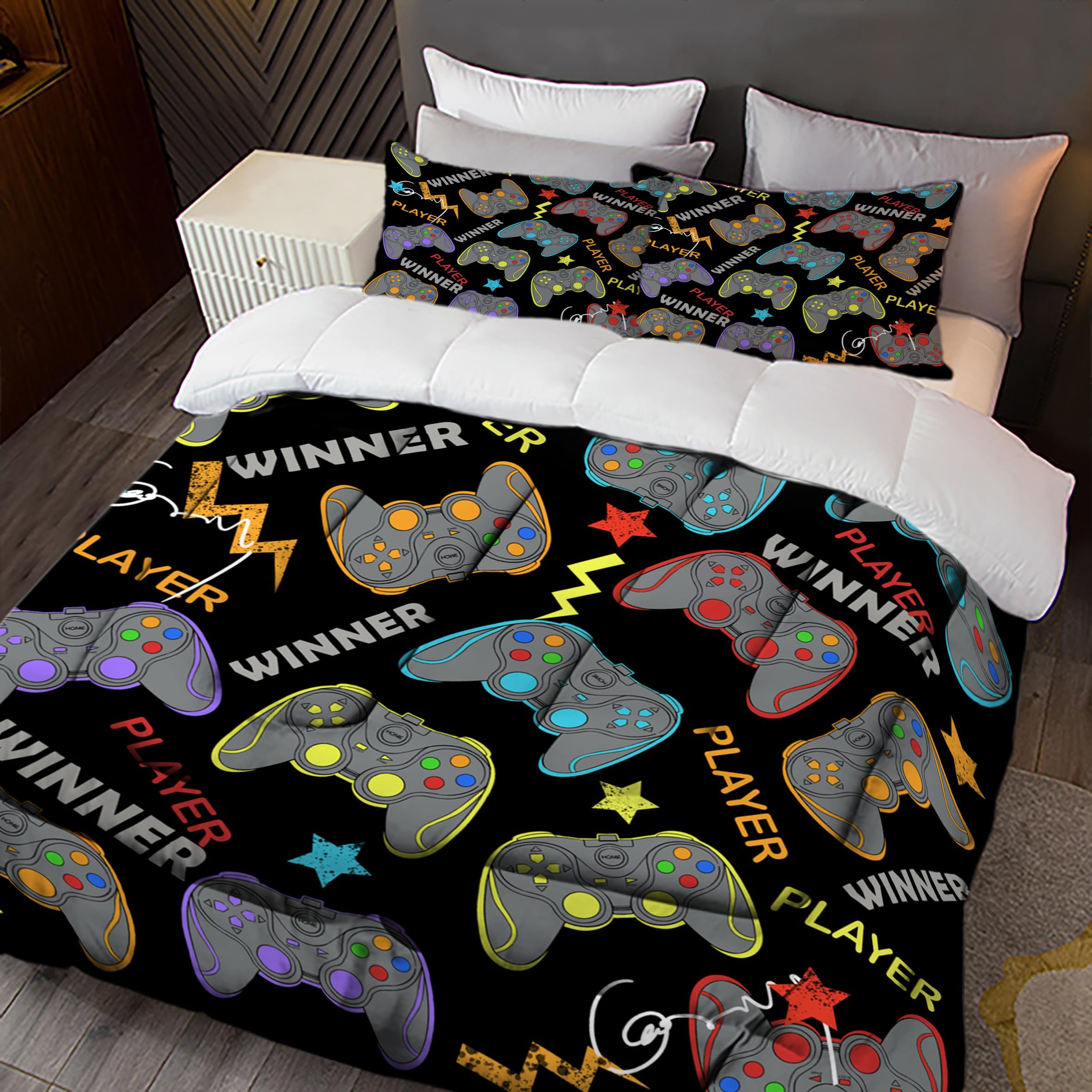 Sunnycitron Queen Size Gaming Comforter Set for Boys & Teens - Gamer Bedding with 1 Comforter & 2 Pillowcases (88x88 Inches) - Perfect for Kids Bedroom Decor, Game Room & Sleepovers