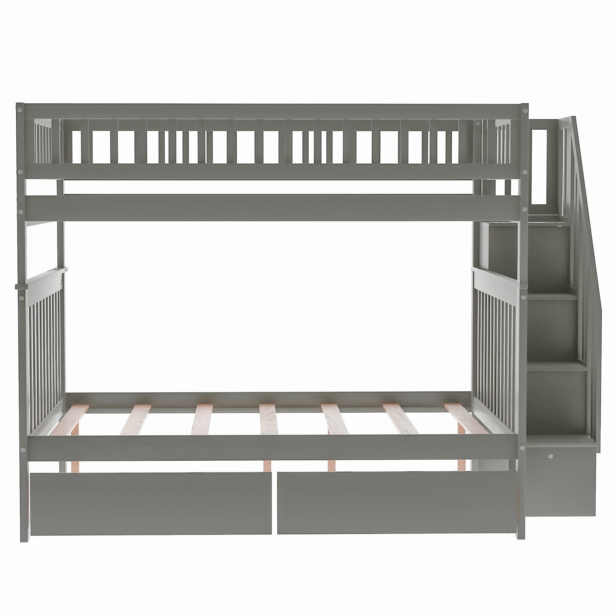 MERITLINE Full Over Full Bunk Bed with Stairs & 2 Storage Drawers - Convertible Wooden Loft Bed for Kids & Teens - Space-Saving Twin Bunk Bed Separates into 2 Full Beds (Grey) - Perfect for Small Bedrooms, Dorms & Shared Kids' Rooms