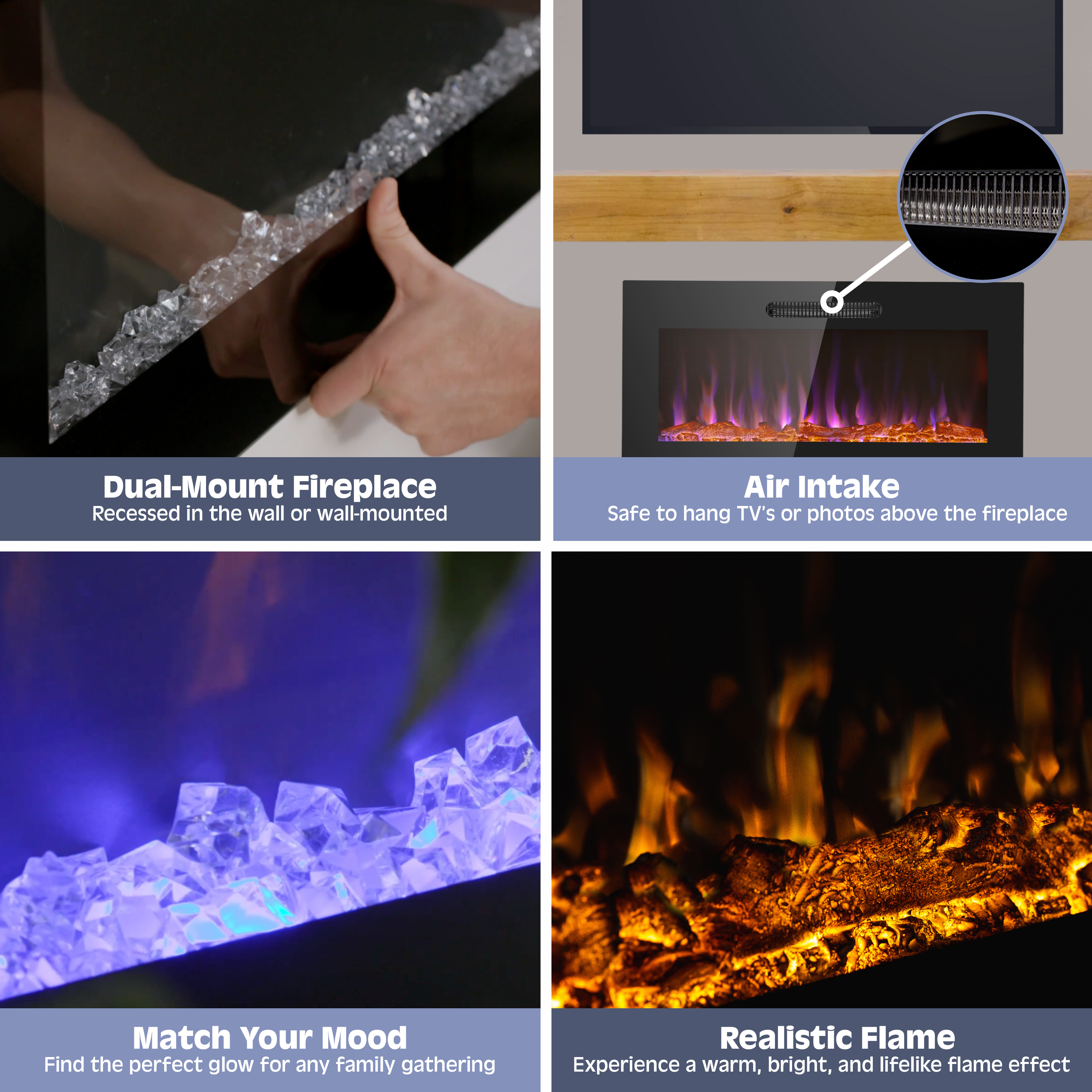 50 Inch LED Slim Electric Fireplace Insert - Wall Mounted with 1500W Heater, Adjustable Realistic Flame, Remote Control | Log & Crystal Ember Options | Perfect for Living Room, Bedroom & Office Heating & Ambiance