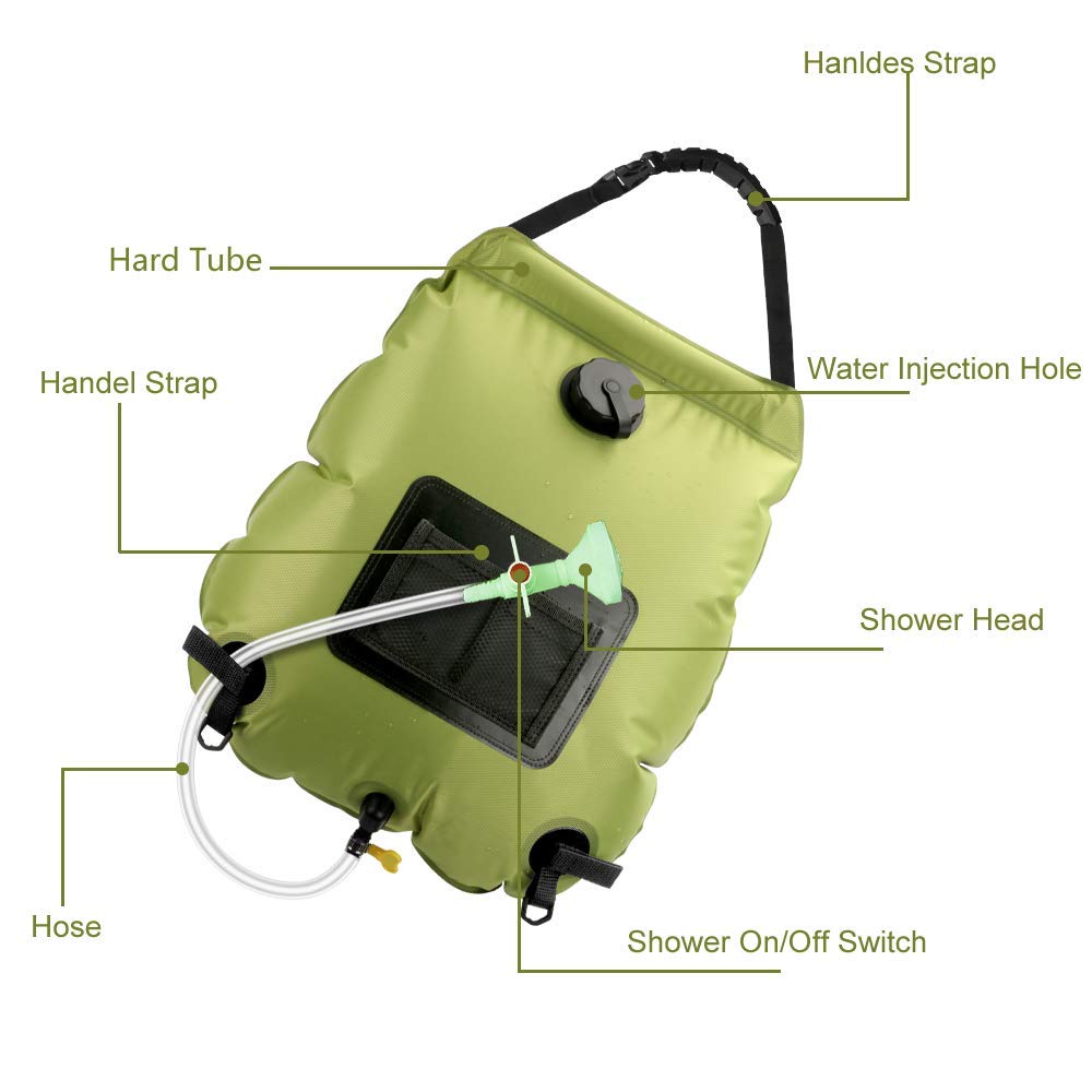 5 Gallon Solar Shower Bag - 20L Portable Camping Shower with Removable Hose & On/Off Switchable Shower Head | Perfect for Beach, Hiking, RV Trips & Outdoor Adventures | Lightweight Travel Shower for Camping, Swimming & Emergency Use