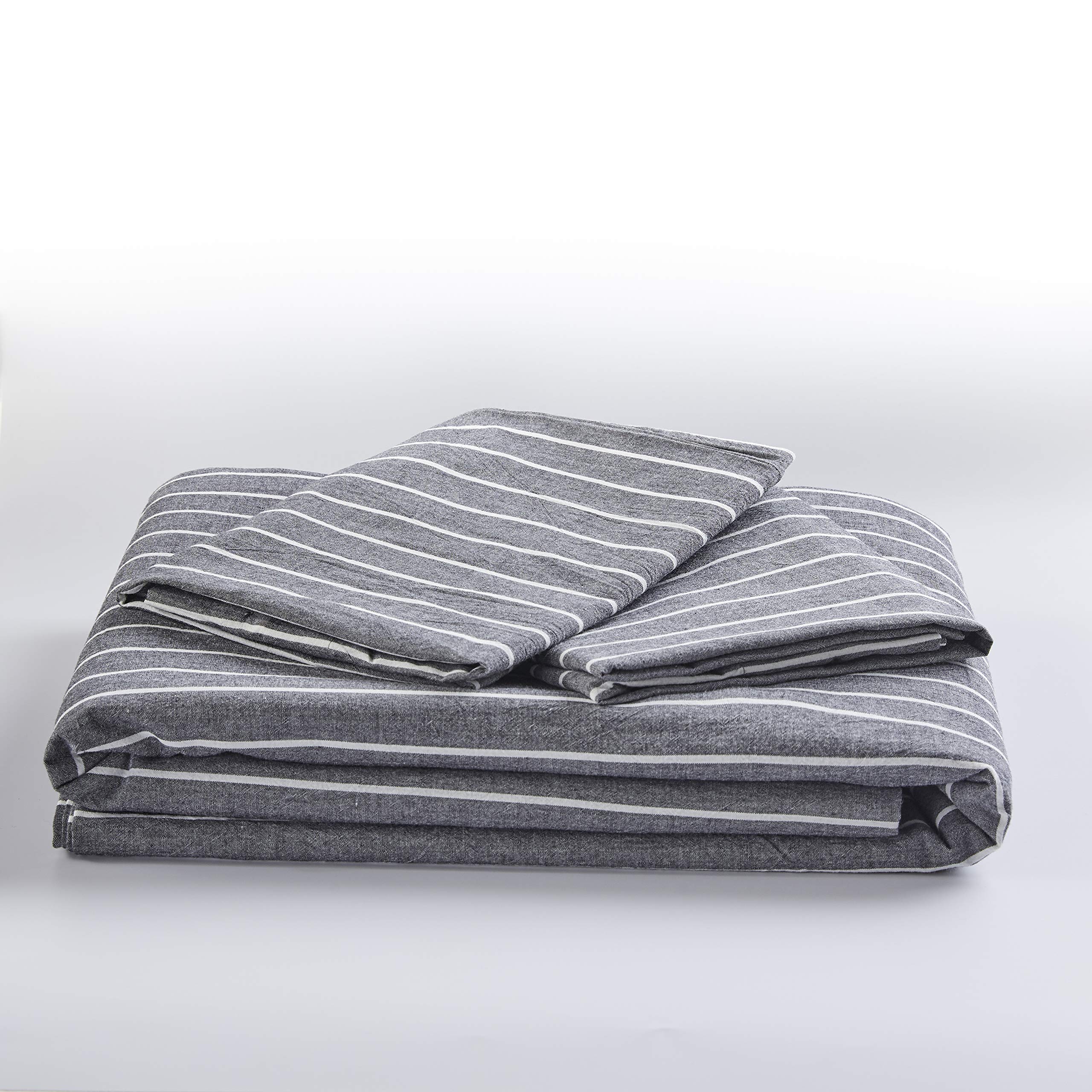 JELLYMONI 100% Washed Cotton Linen-Like Duvet Cover Set - 3 Piece Luxury Soft Bedding Set with Button Closure, Grey Stripes King Size (Comforter Not Included) - Perfect for Master Bedrooms, Guest Rooms & Cozy Home Decor