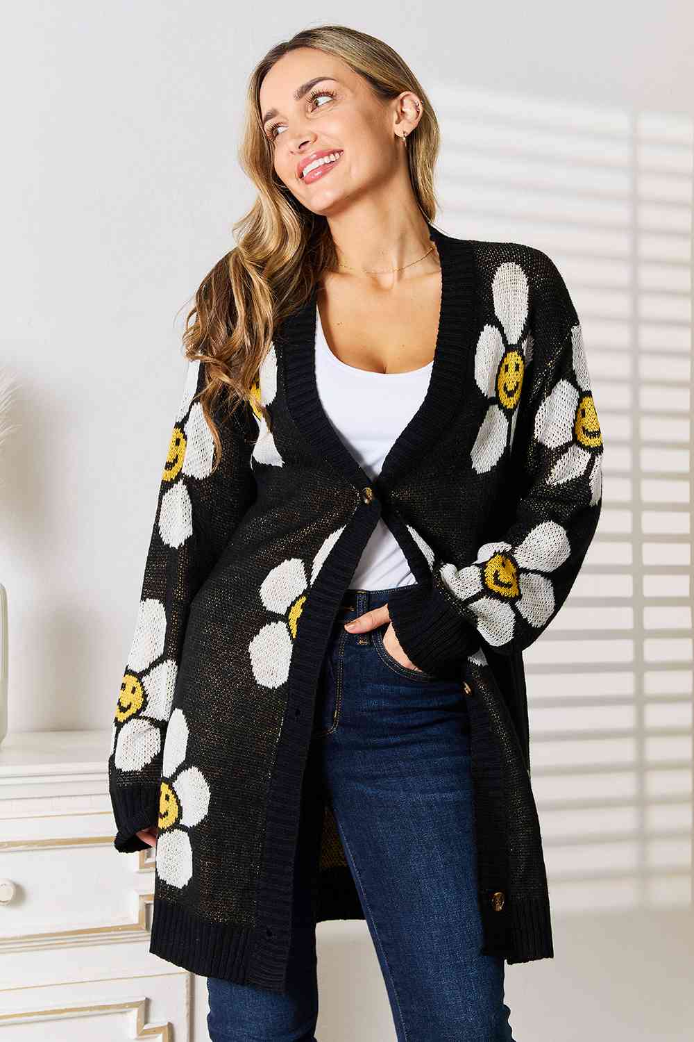 Black Smiley Face Floral Button Down Longline Cardigan for Women - Cute & Stylish Open Front Sweater for Casual Outfits, Date Nights & Layering