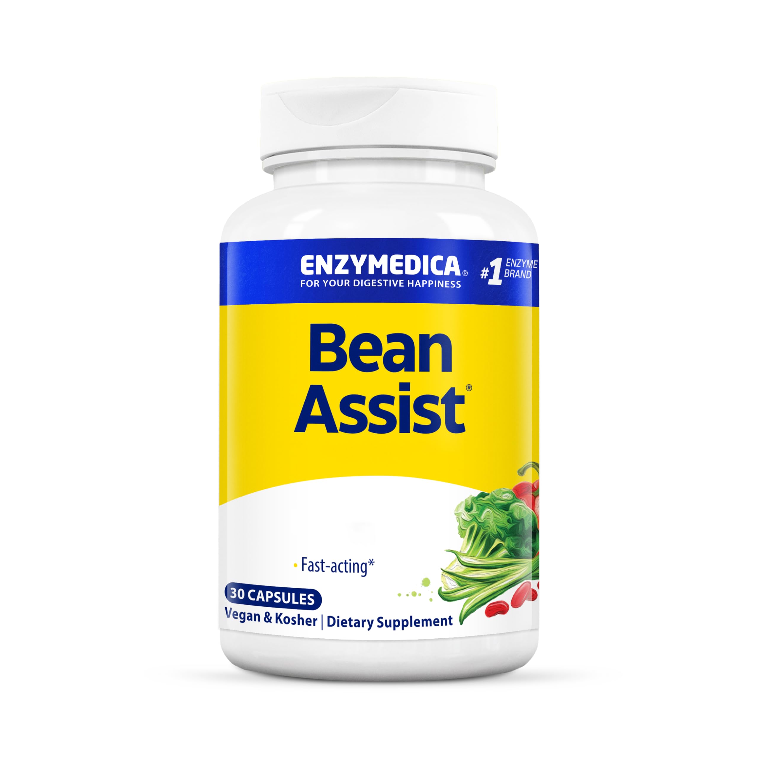 Enzymedica BeanAssist Digestive Enzyme Supplement - 30 Vegan Capsules for Gas & Bloating Relief - Gluten-Free, Soy-Free - Supports Healthy Digestion After Meals