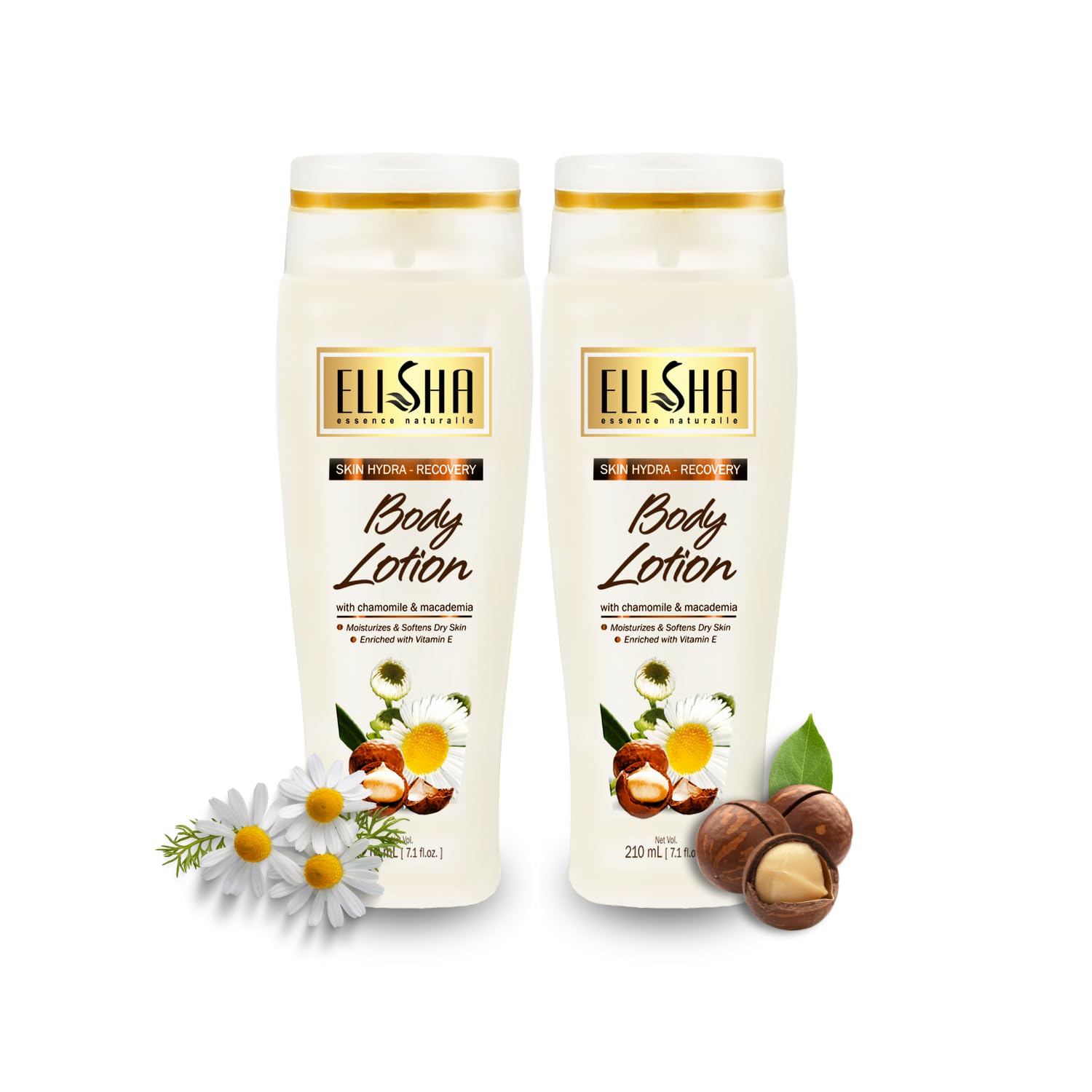 Elisha Chamomile & Macadamia Body Lotion - Healthy Brightening Daily Moisturizer with Sun & Pollution Protection for Dry Skin - Fast Absorbing, Non-Sticky Formula for Men & Women - 210ml (Pack of 2) - Perfect for Post-Shower Hydration & Daily Skincare Routine