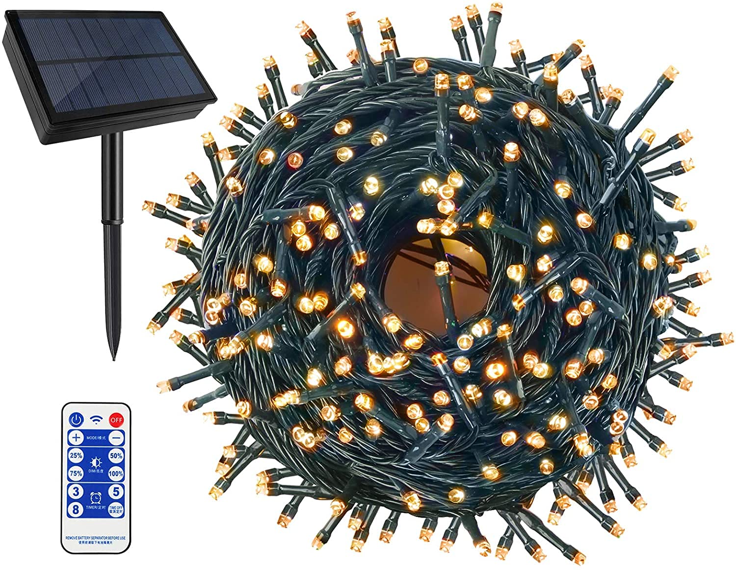 500LED 164FT Solar Powered Christmas Lights Outdoor Indoor - 8 Modes with Remote Control, Warm White String Lights for Christmas Tree, Patio, Garden, Yard, and Holiday Decoration