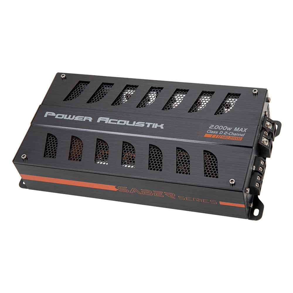 Power Acoustik SB2.2000D SABER Series 5 Inch 330W x 2 RMS 2000W Max Power @2Ohms 2 Channel Class D Car Amplifier - High Performance Audio for Cars, Trucks & SUVs - Perfect for Bass Boost & Sound System Upgrades
