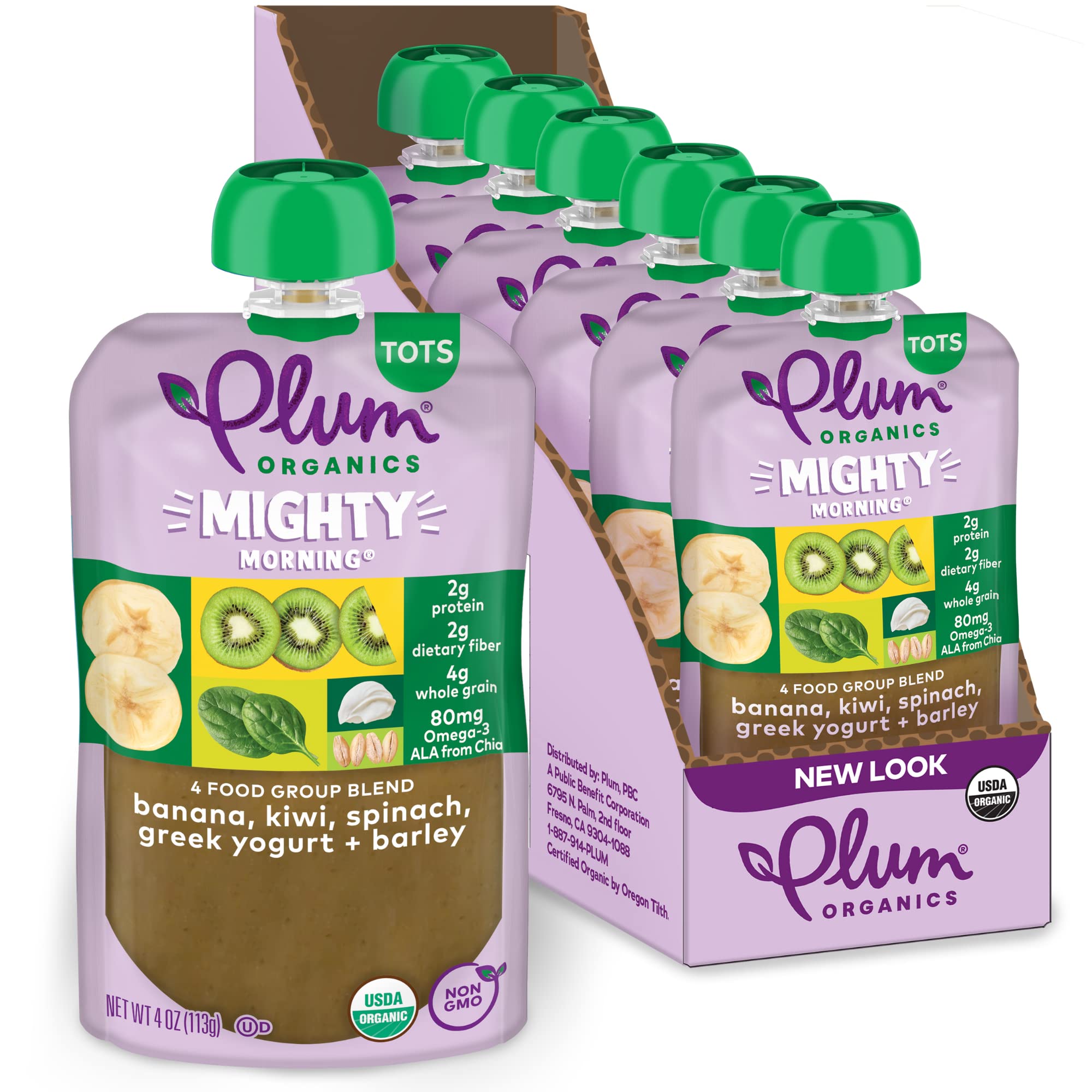 Organic Toddler Food Pouch - Plum Organics Mighty Morning with Banana, Kiwi, Spinach, Greek Yogurt & Barley - 4oz (Pack of 6) - Healthy Snack for Babies & Toddlers - Perfect for On-the-Go, Daycare & Travel
