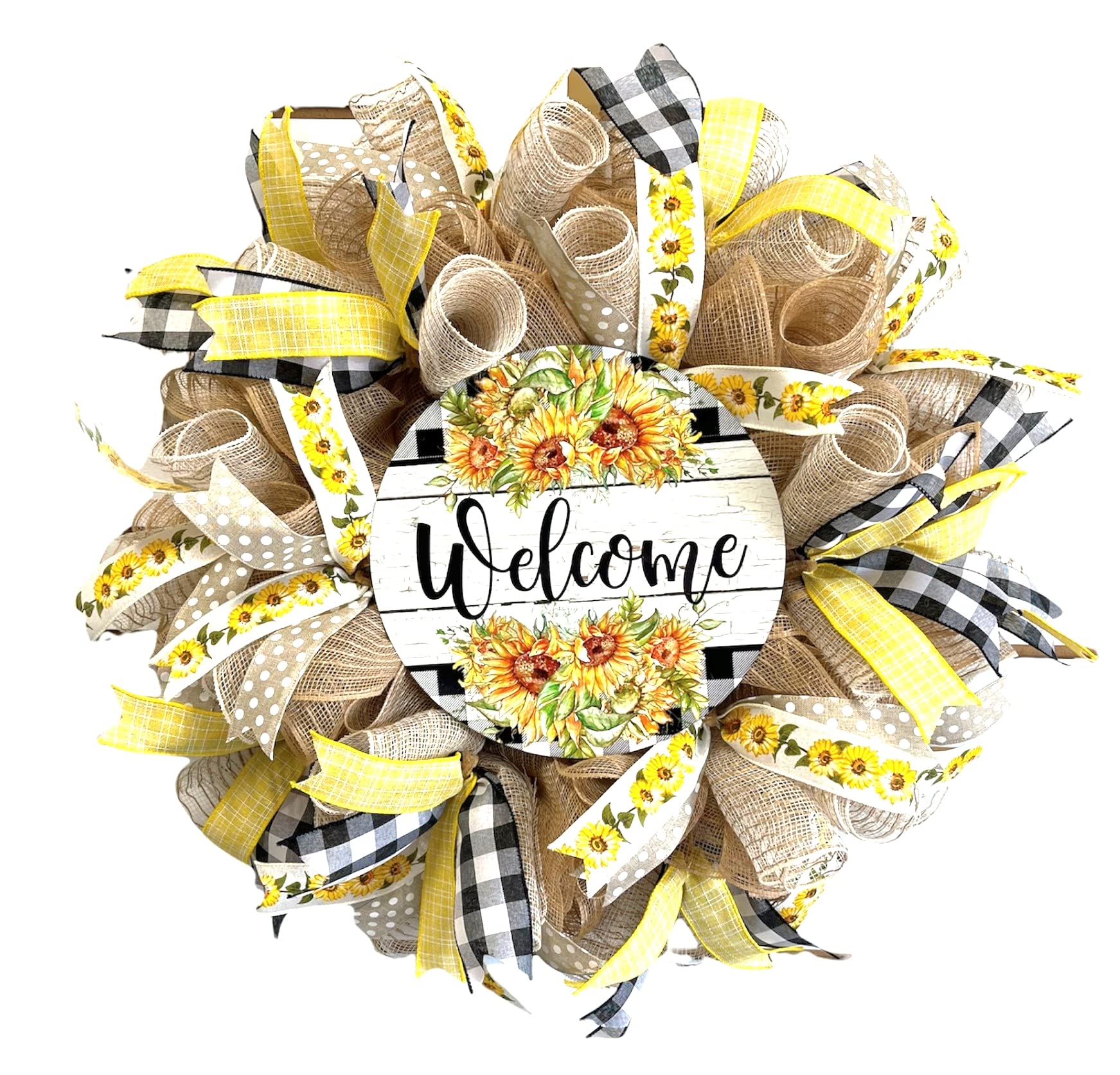 Rustic Farmhouse Sunflower Welcome Wreath - Handmade Burlap Bow Decor for Front Door, Porch, or Wall - Perfect for Everyday Home Decor, Seasonal Greetings & Farmhouse Style