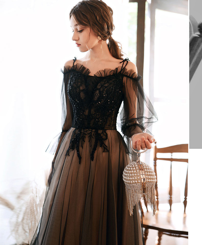 Elegant Black Tulle Lace Long Prom Dress with Sheer Sleeves - Formal Evening Gown for Homecoming, Wedding, and Special Occasions