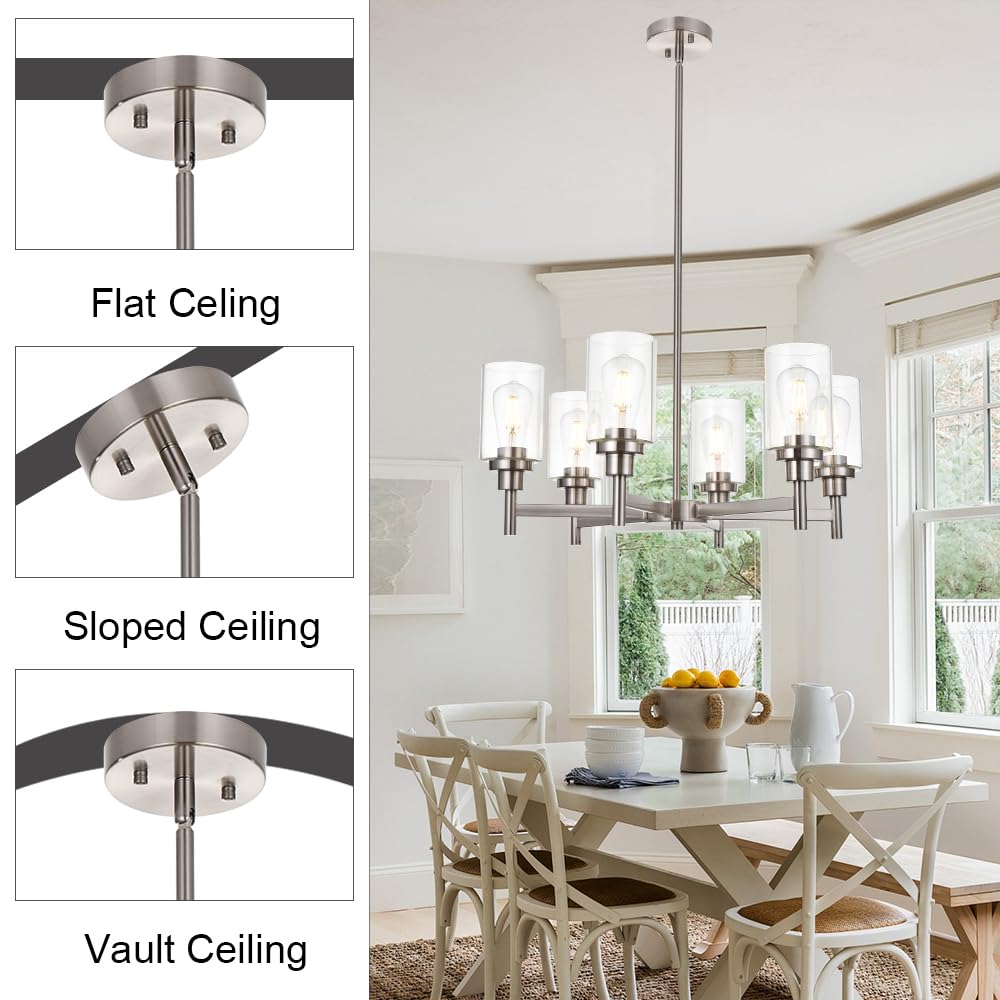 VINLUZ 6-Light Modern Chandelier with Brushed Nickel Finish & Clear Glass Shades - Contemporary Cylinder Pendant Lighting Fixture for Dining Room, Living Room, Kitchen | Perfect for Home Decor, Interior Design, and Ambient Lighting