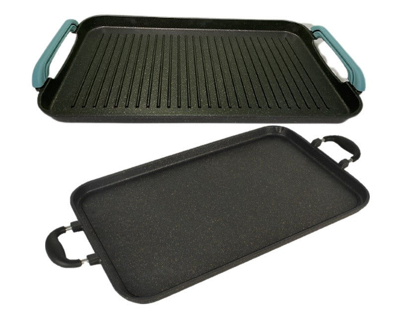 2-Pack Marble Griddle Set - Ribbed & Smooth Double-Sided Grill Pan with Free Colored Handles - Perfect for Gas Stove Cooking, Pancakes, Steaks & Outdoor BBQ