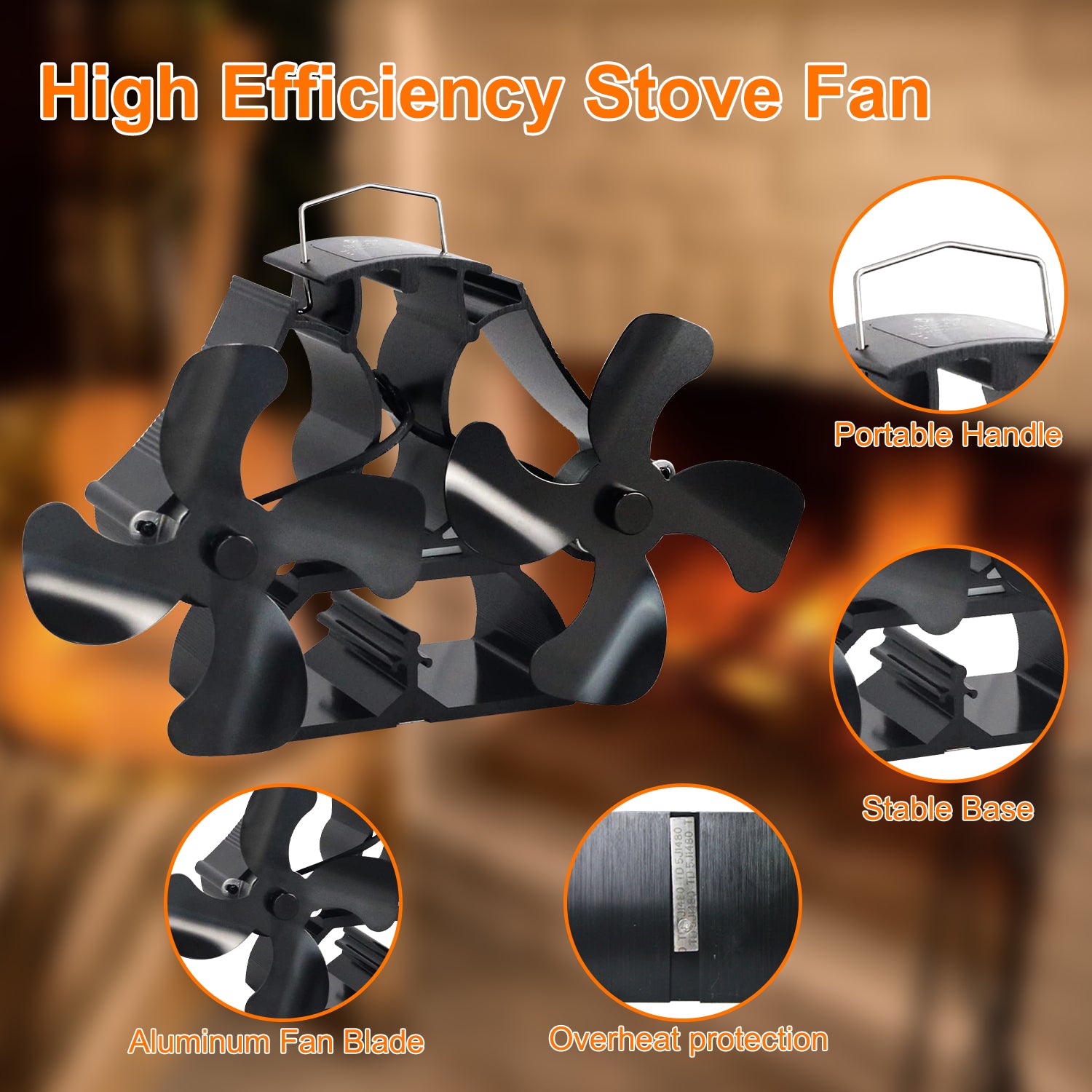 8 Blade Stove Fan VDSF664B - Eco-Friendly Heat Powered Stove Fan for Wood Burning Stoves, Fireplace & Pellet Stoves - Silent Operation & Efficient Heat Distribution for Home Heating
