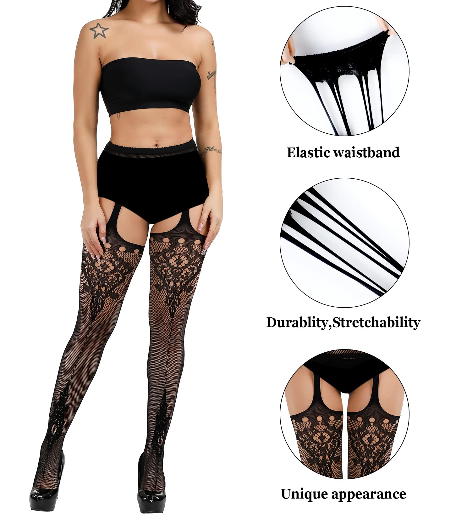 Sexy Fishnet Stockings for Women - Lace Thigh High Tights with Suspender | Perfect for Halloween, Cosplay & Night Out Outfits