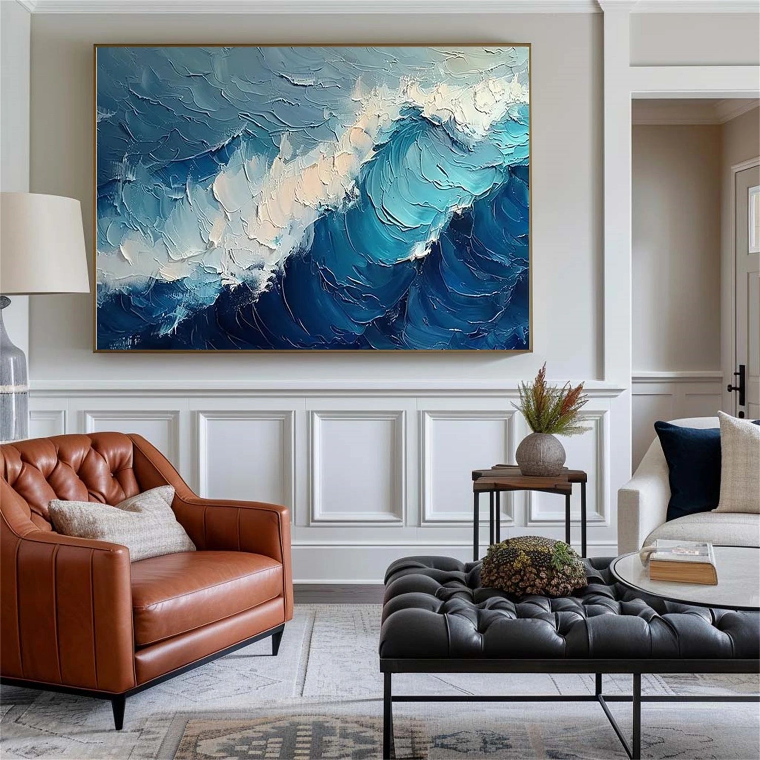 Blue & White Ocean and Sky Abstract Texture Canvas Wall Art - Modern Coastal Decor for Living Room, Bedroom, or Office | Premium Quality Stretched Canvas Print