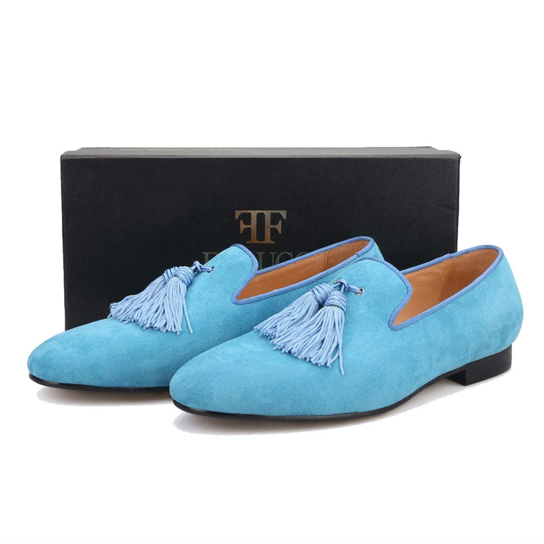 FERUCCI Men's Light Blue Suede Loafers - Comfortable Slip-On Slippers with Big Blue Tassel | Casual Indoor & Outdoor Shoes for Relaxing at Home or Running Errands