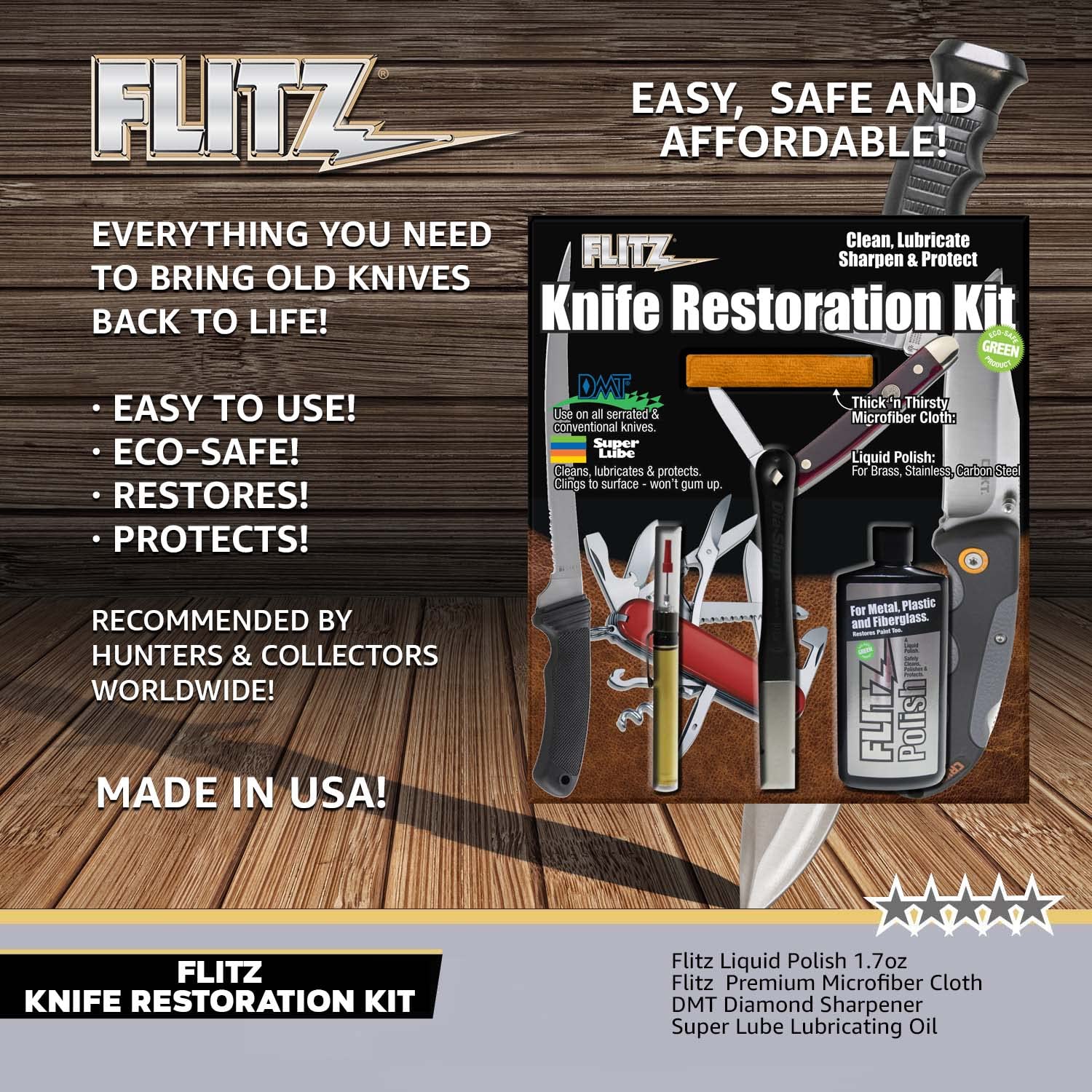 Flitz All-In-One Knife Restoration Care Kit – Clean, Polish, Protect & Sharpen Knives | Includes Microfiber Cloth & Knife Sharpener (12 Pack) | Perfect for Kitchen, Camping & Outdoor Cooking