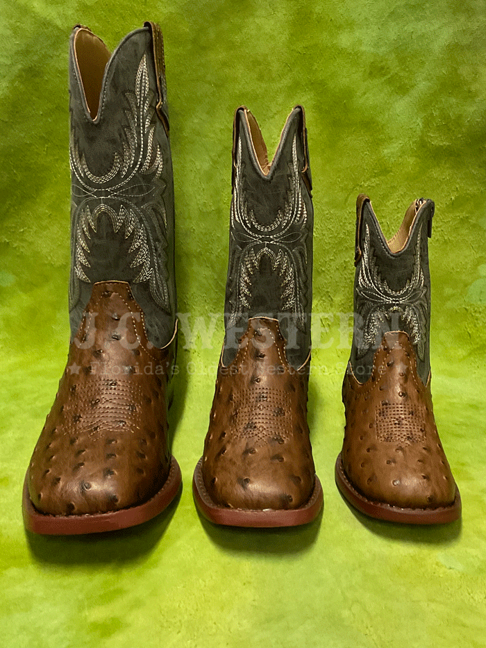 Roper 3378 Kids Faux Ostrich Western Boots for Boys & Girls - Navy & Brown Cowboy Boots - Perfect for Rodeo, Halloween Costume & Western Party Outfits