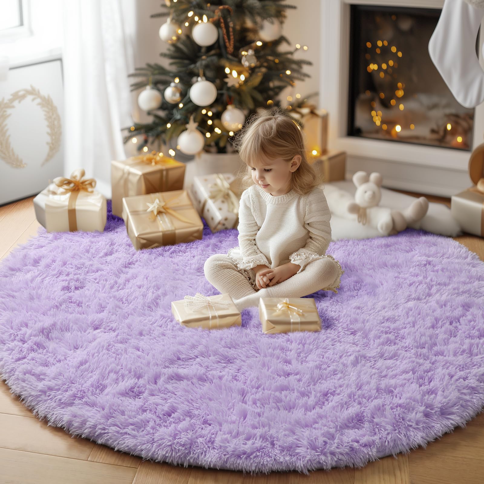 PAGISOFE 5ft Round Area Rug - Soft Fluffy Shaggy Circle Rug for Kids Bedroom, Nursery, Playroom - Non-Slip Purple Carpet for Girls Room Decor, Reading Nook & Cozy Teepee Mat - Indoor Aesthetic Floor Mat