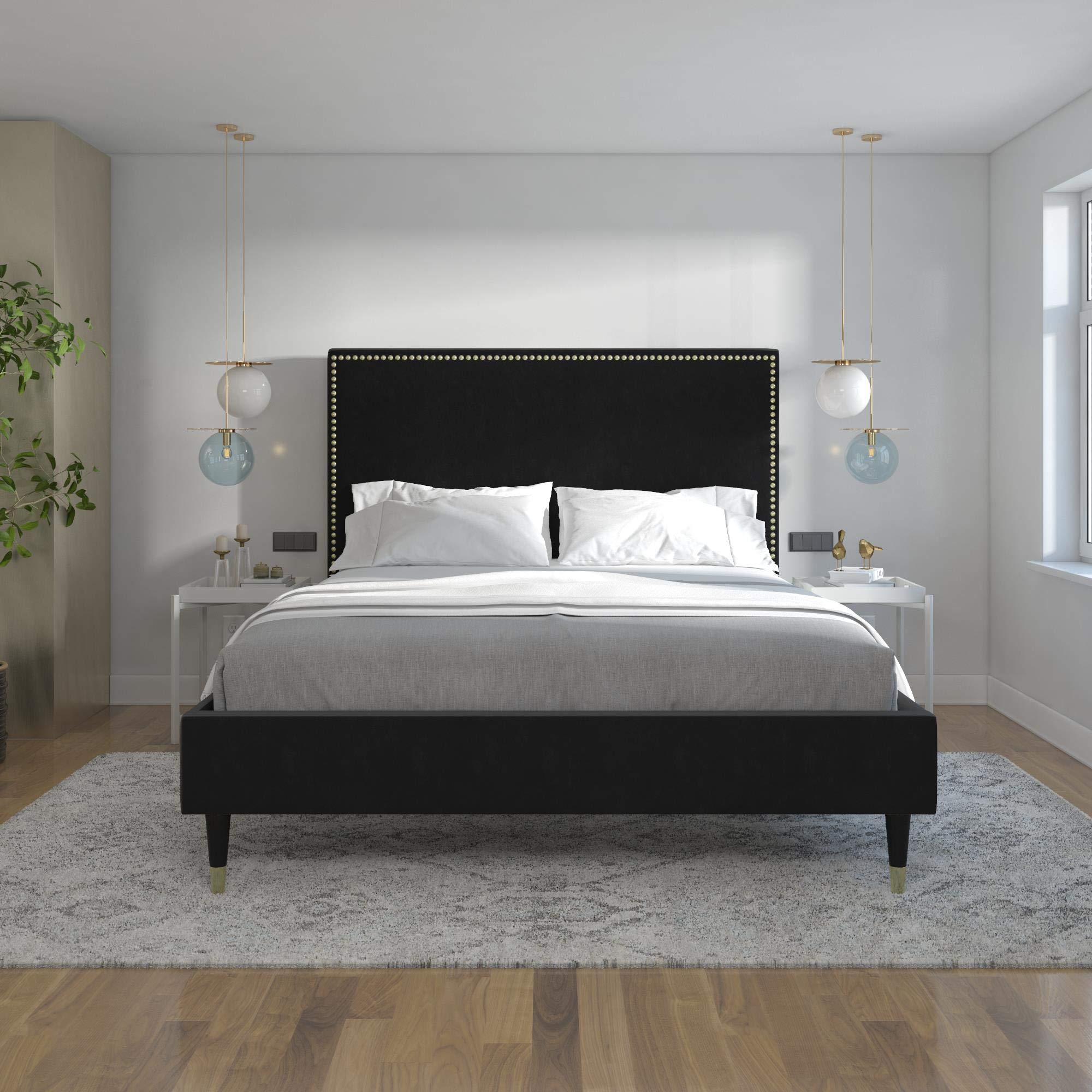 CosmoLiving by Cosmopolitan Audrey Queen Size Upholstered Bed Frame - Luxe Black Velvet Fabric for Modern Bedroom Decor | Perfect for Master Bedrooms & Guest Rooms