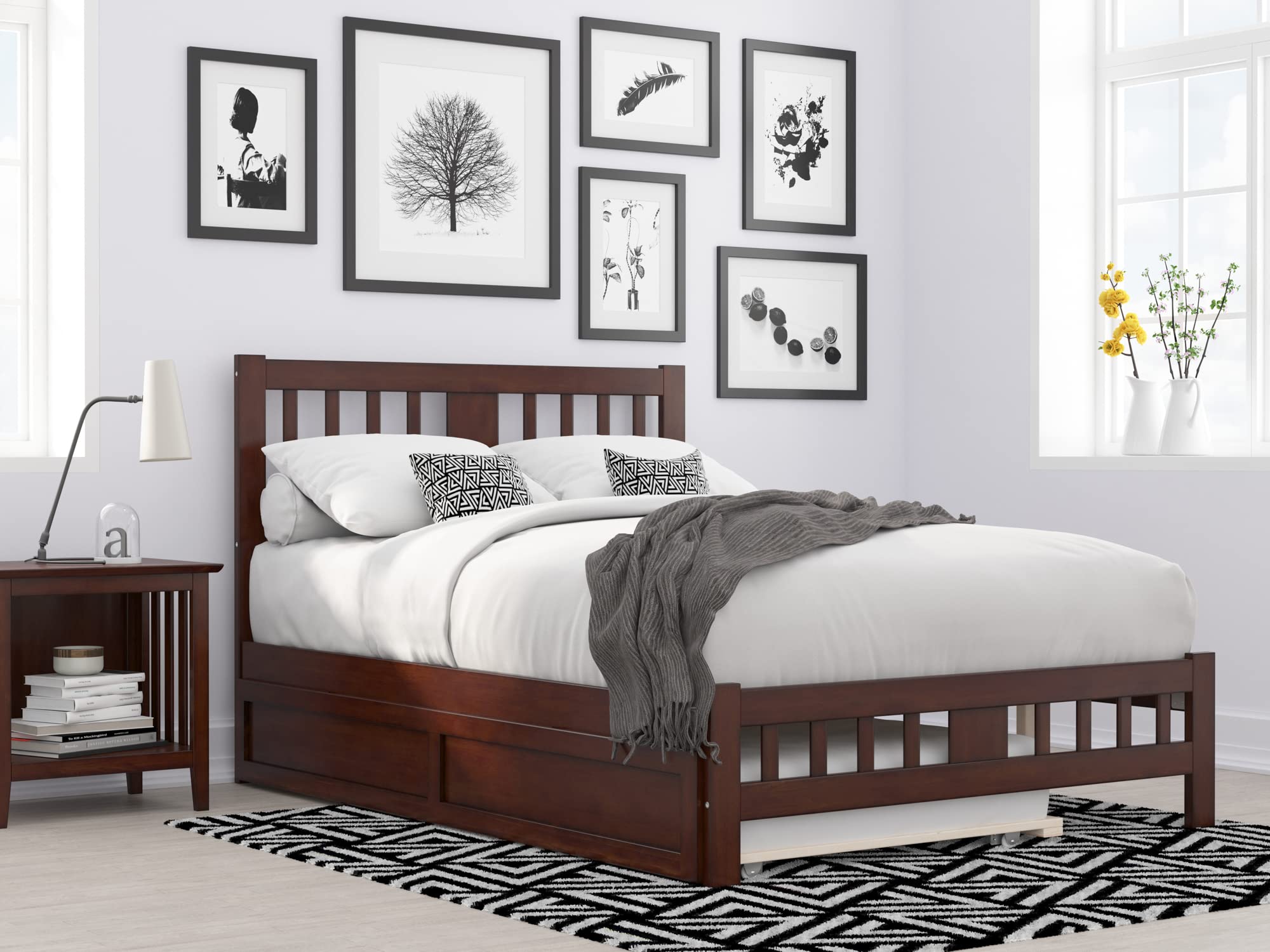 AFI Tahoe Full Size Platform Bed with Footboard & Twin Trundle in Walnut - Solid Wood Bed Frame for Master Bedroom, Guest Room & Kids Room - Space Saving Storage Solution