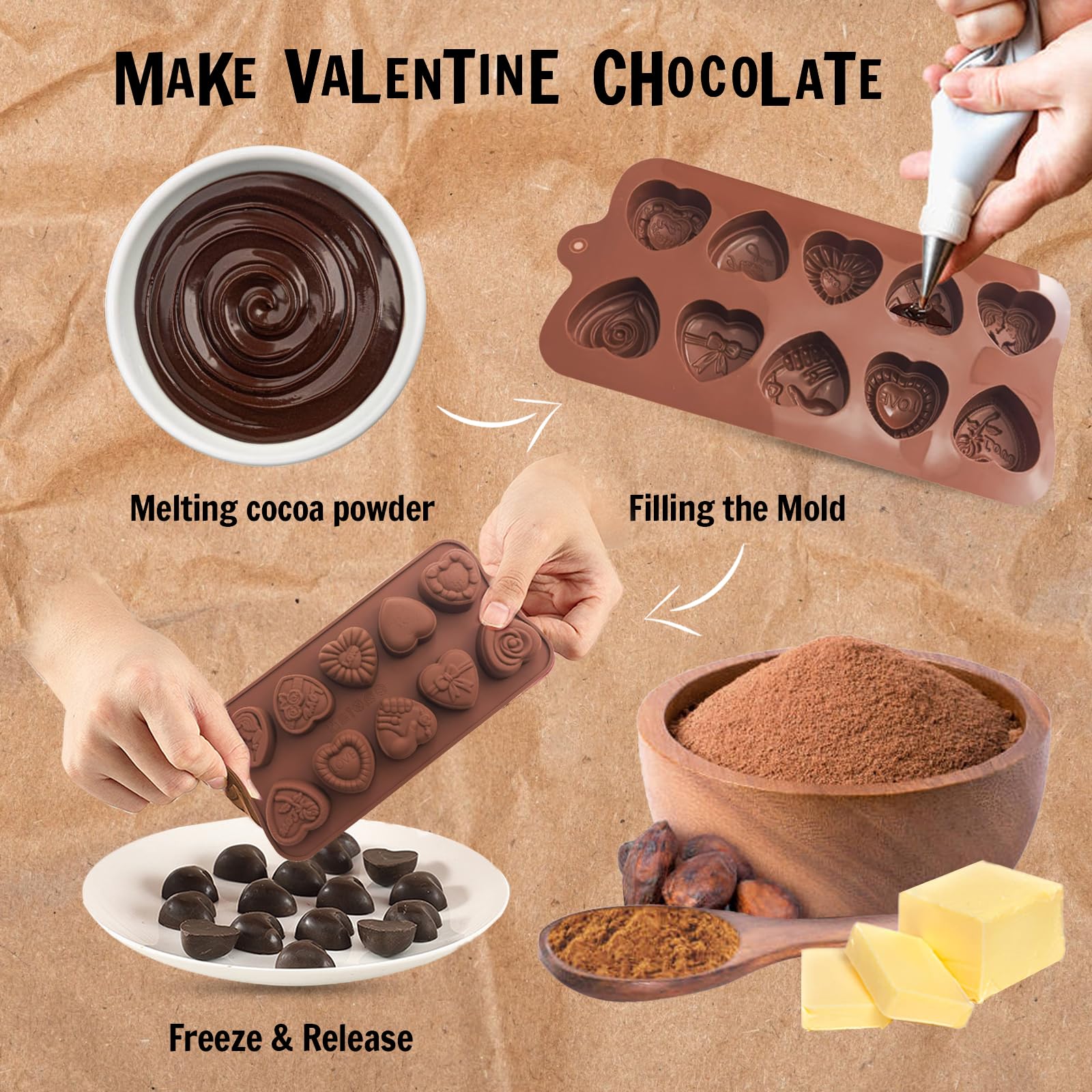 2PCS Heart Chocolate Molds Set - 10 Romantic Rose Silicone Baking Molds for DIY Chocolate, Candy, Gummy & Ice Cubes - Non-Stick, Reusable - Perfect for Valentine's Day, Weddings & Romantic Desserts