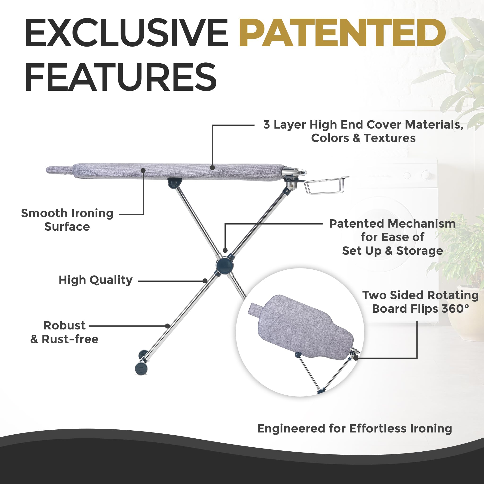 Dazzl 360-Degree Roto-Flip EZ71 Ultra Ironing Board - Dual-Sided Torso-Shaped Ironing Board with 8-Level Adjustable Height, Rotatable Iron Holder & Dual-Clamp Garment Clip - Full Size HDPE Ironing Board for Home, Laundry Room, and Professional Tailoring