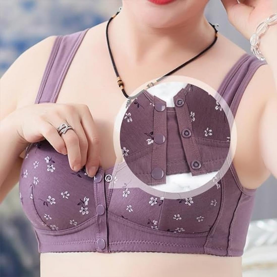 Wireless Front Closure Bras for Women - Comfortable Snap Hook Daisy Design, No Underwire Support for Seniors | Perfect for Everyday Wear, Yoga, and Relaxation