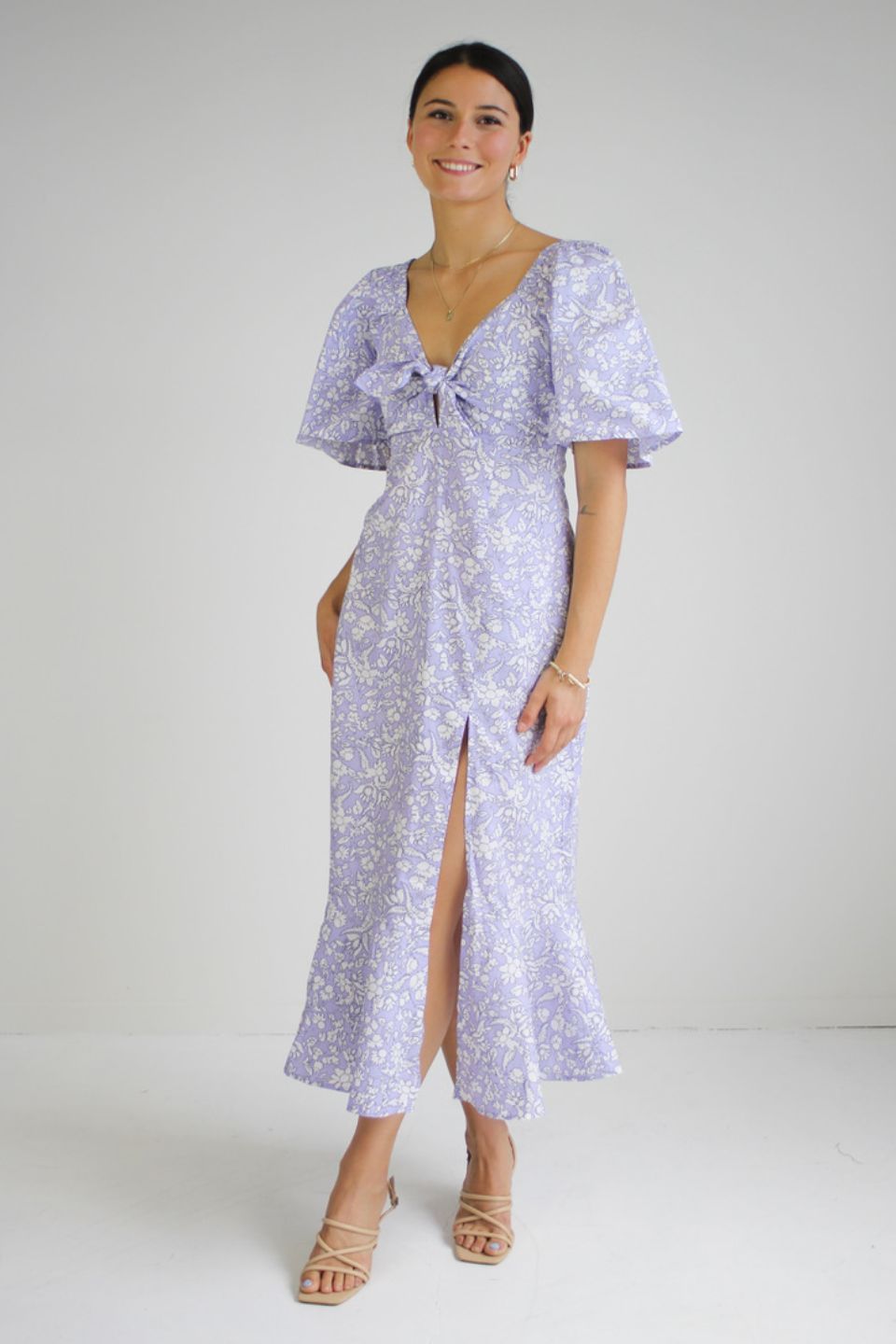Innocent Cornflower Blue Baroque Floral Tie Front Short Sleeve Maxi Dress - Perfect for Summer Weddings, Beach Vacations & Boho Fashion