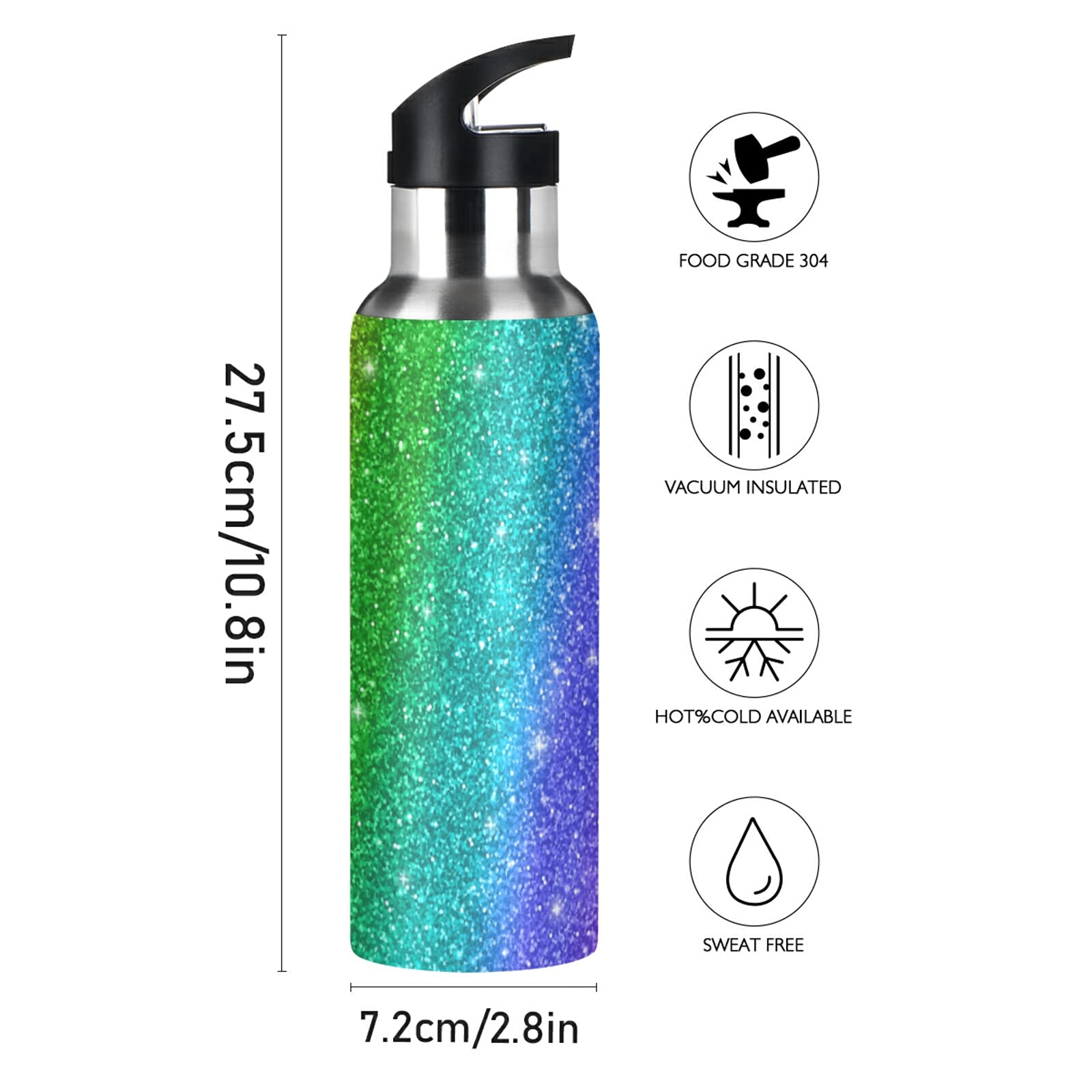 SUABO 20oz Insulated Stainless Steel Water Bottle with Straw - Rainbow Glitter Design for Kids, Teens & Adults | BPA Free Leakproof Sports Bottle for School, Gym, Hiking & Outdoor Activities