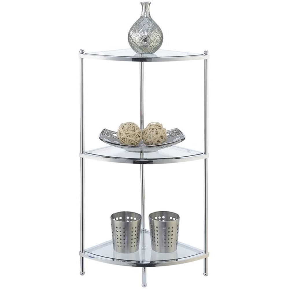 Pemberly Row 3-Tier Glass Corner Shelf with Chrome Frame - Perfect for Bathroom, Kitchen, or Living Room Storage & Display