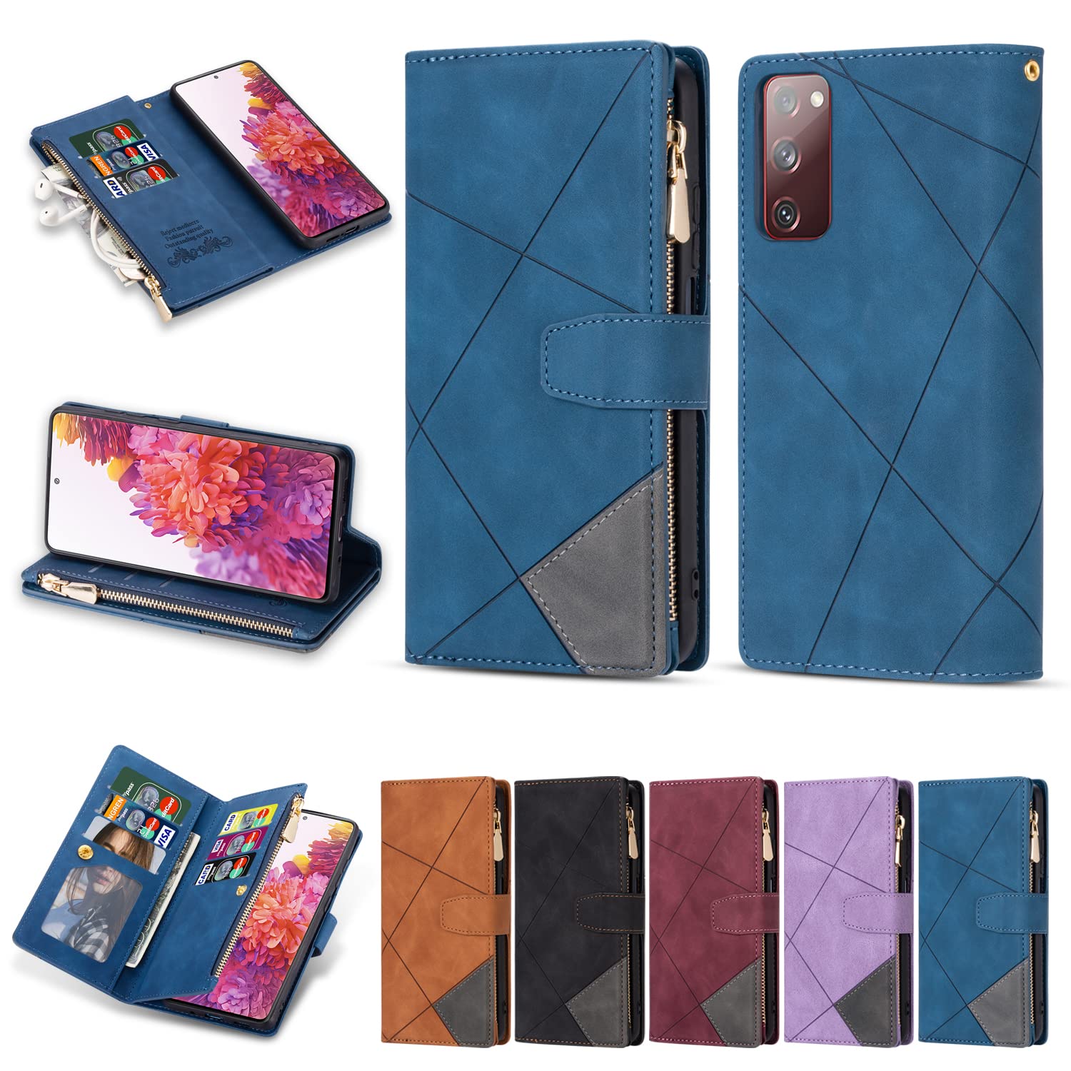 Premium Leather Zipper Wallet Case for Samsung Galaxy S20 FE - Magnetic Flip Cover with Wrist Strap, Card Holder & Kickstand - Perfect for Daily Use, Travel & Business Meetings
