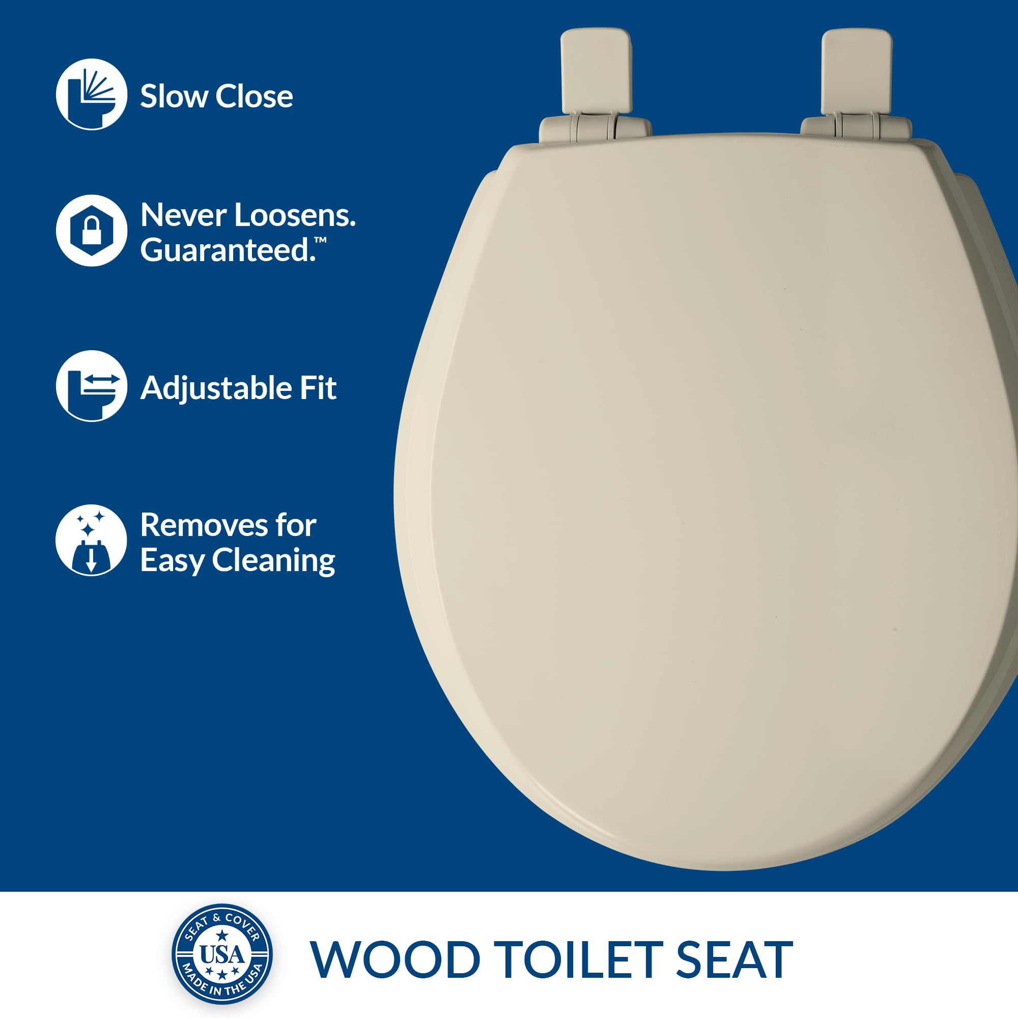 Mayfair Cassel Soft Close Toilet Seat - Premium Wood, Non-Slip, Easy to Clean & Install - Round Bone Color for Bathroom Comfort & Hygiene