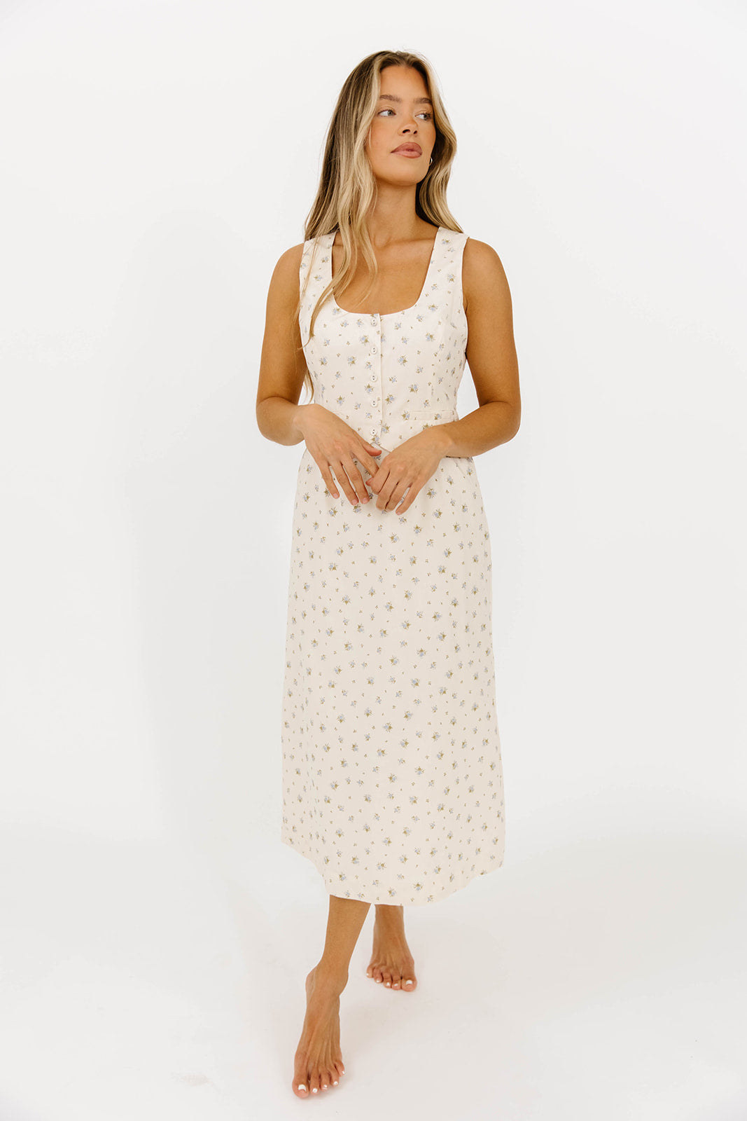 Blue Floral Florence Vest Detail Midi Dress - Elegant Women's Summer Dress for Weddings, Parties & Casual Outings