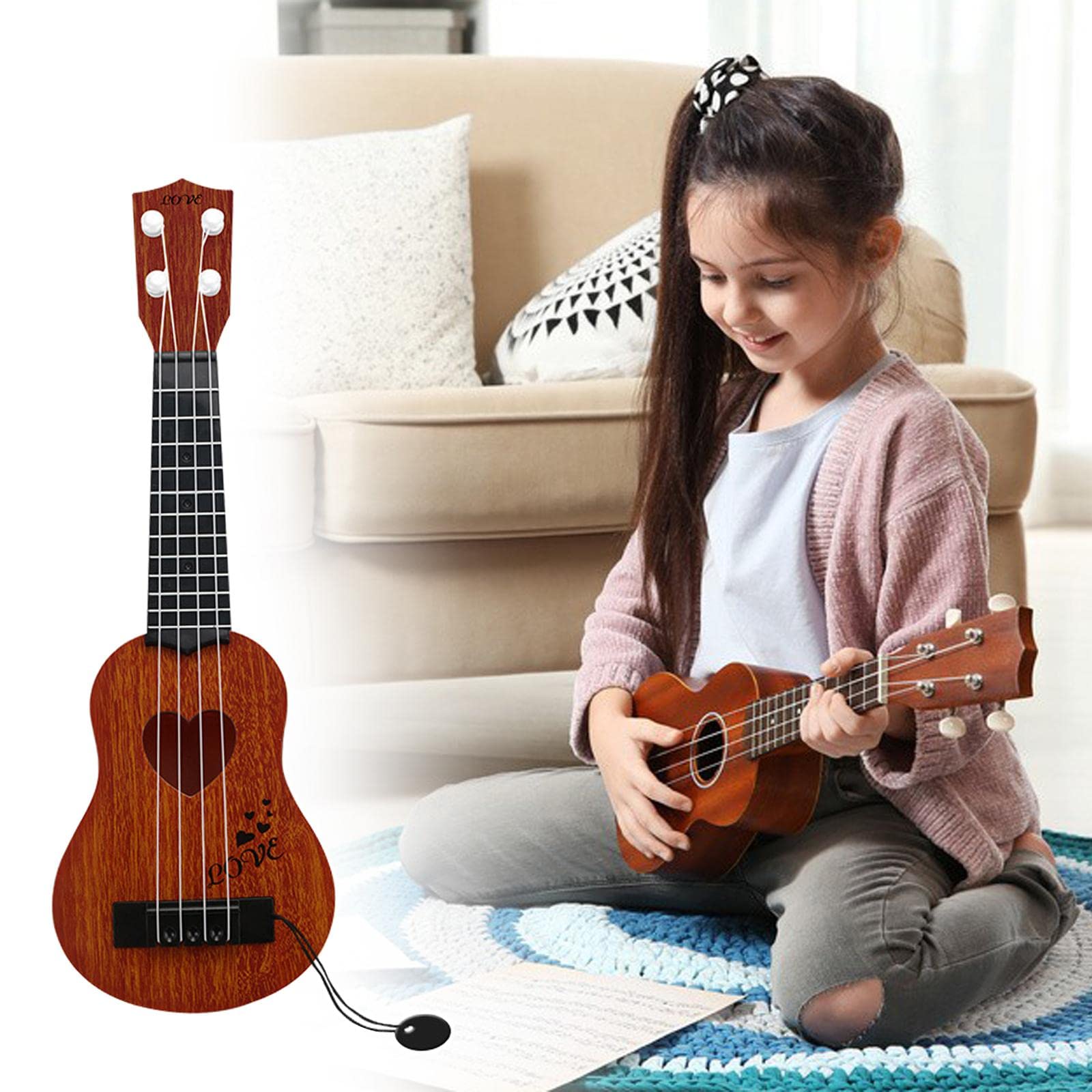 Milageto Kids Ukulele Toy with 4 Adjustable Strings - Brown Mini Guitar for Boys & Girls | Musical Learning Instrument for Children | Perfect for Birthday Gifts, Classroom Activities & Family Music Time